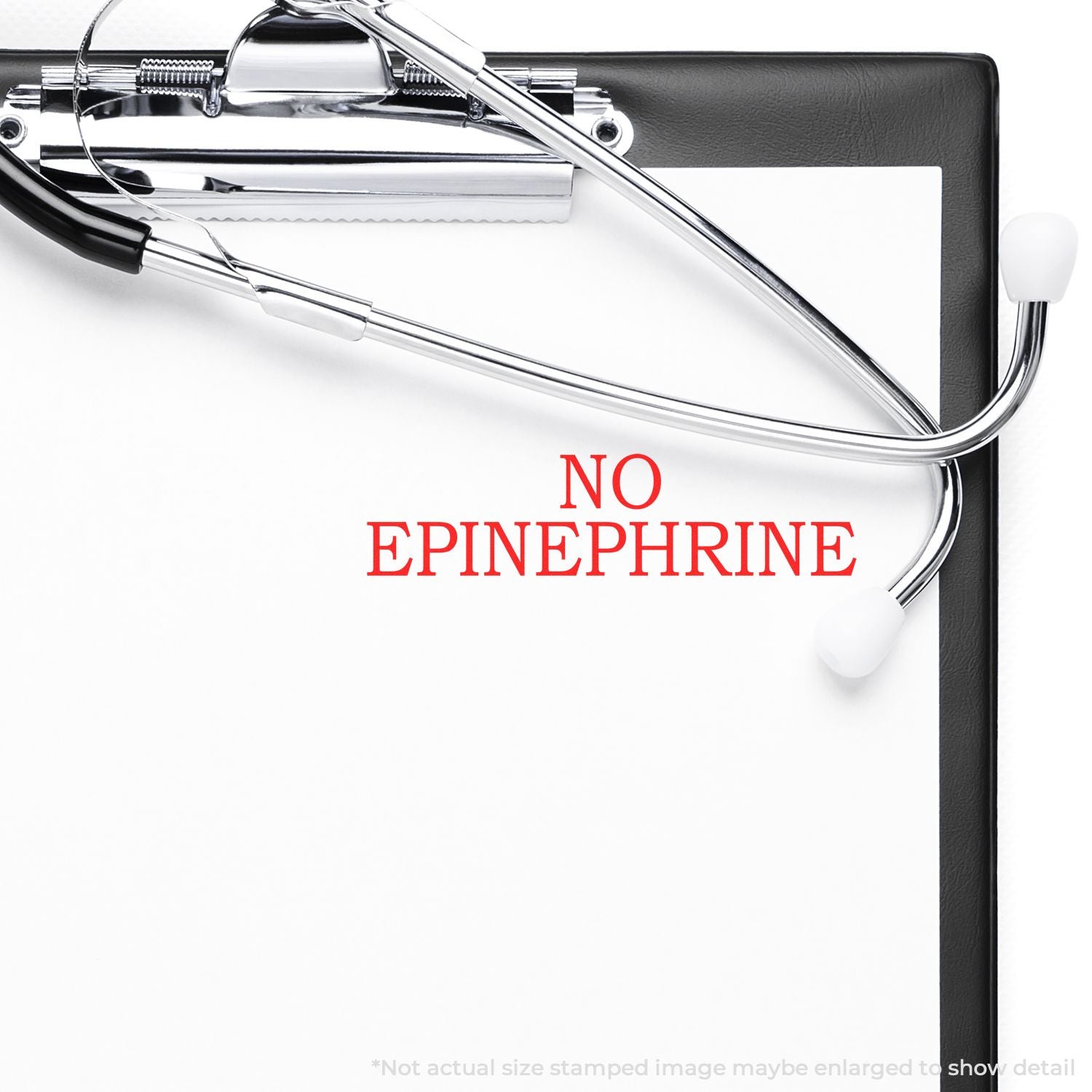 Medical emergency warning: No Epinephrine over syringe and healthcare instruments, indicating restricted drug use.