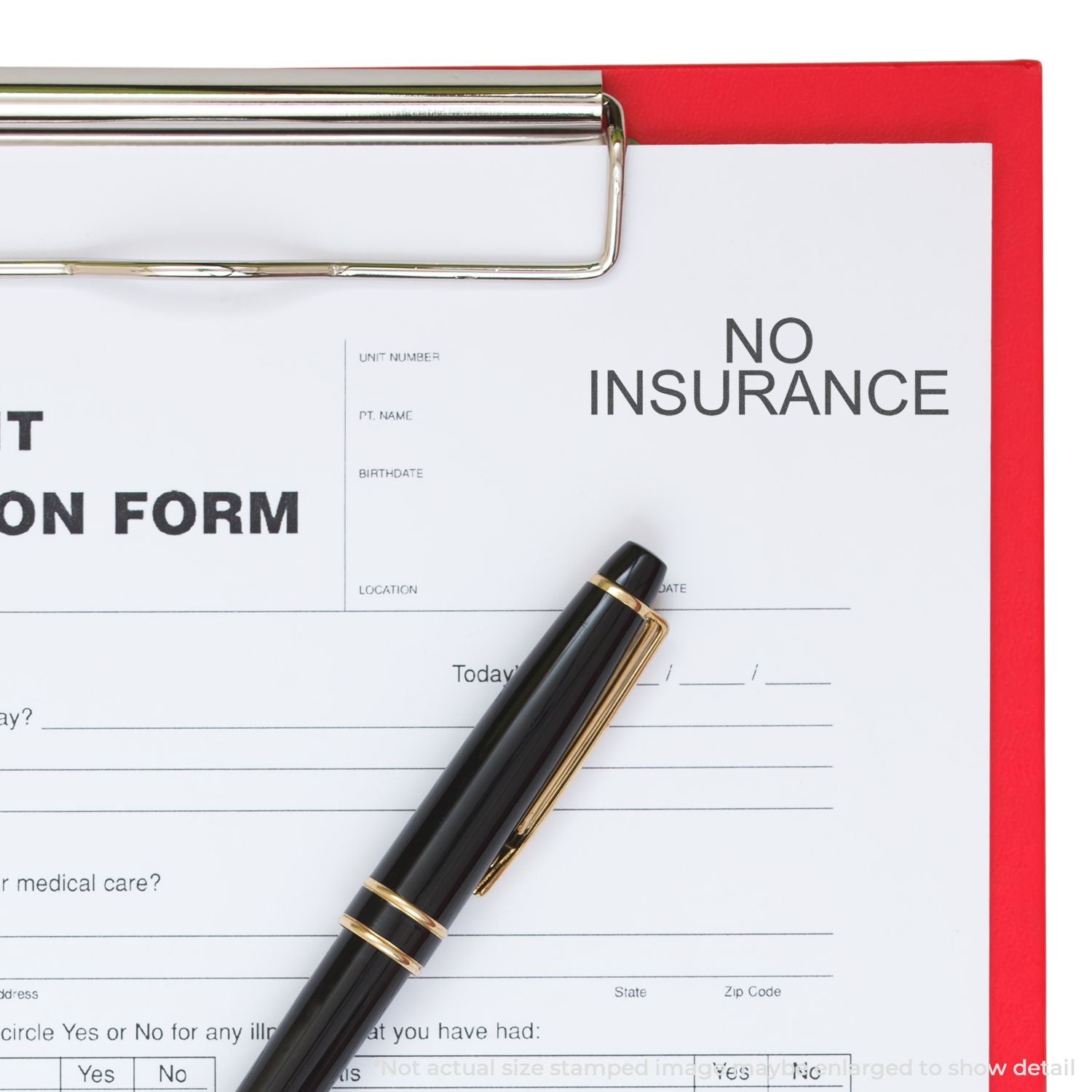 Insurance application form marked NO INSURANCE with pen on paperwork, highlighting lack of health coverage for medical care requirements