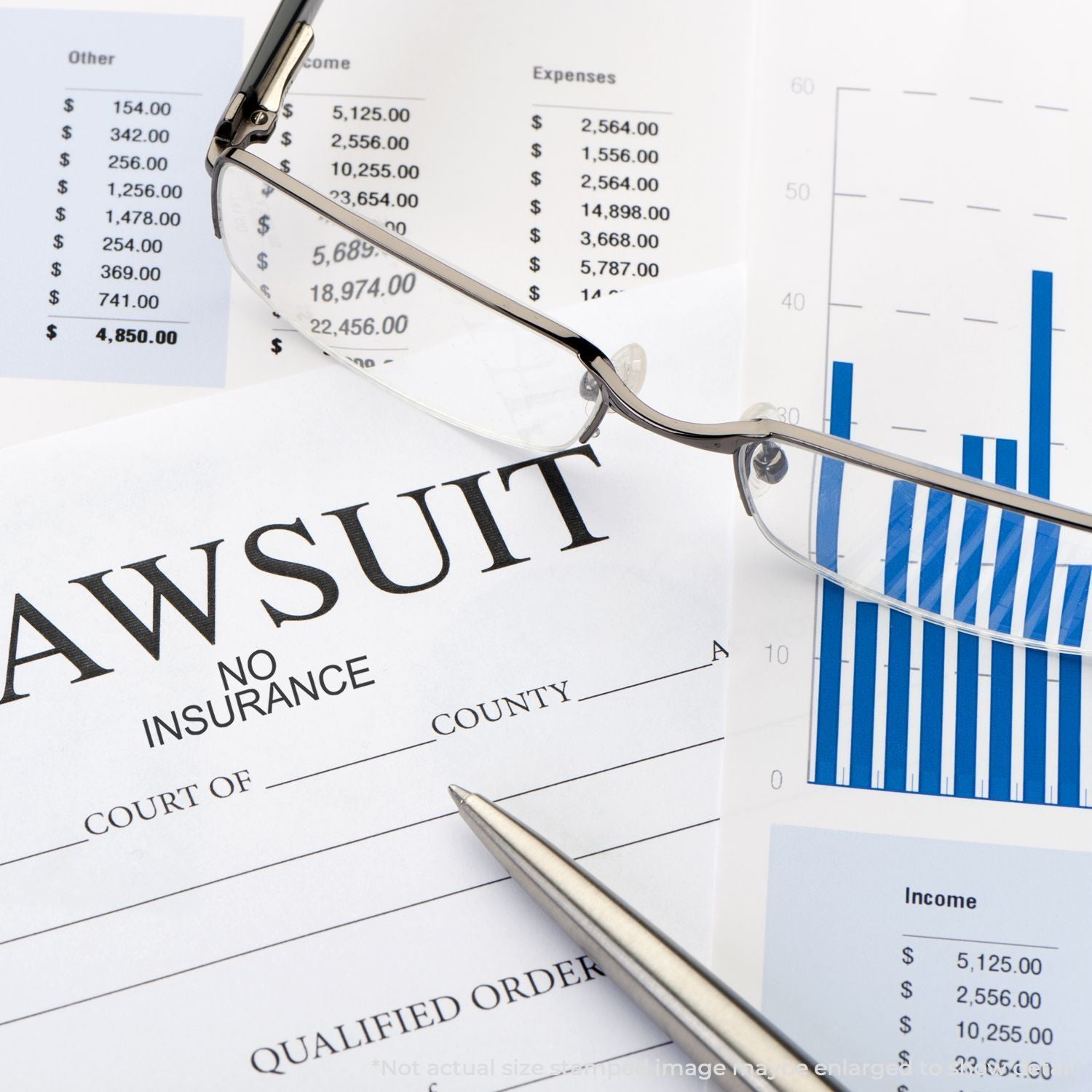 Insurance paperwork marked No Insurance with pen and income-expense bar charts for financial planning and budgeting