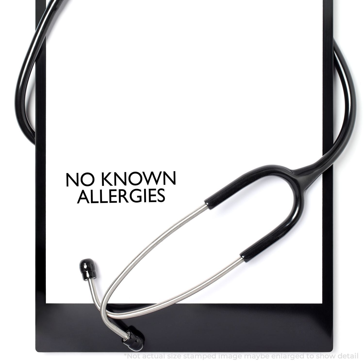 Medical stethoscope with No Known Allergies text, for patient safety and allergy-free healthcare documentation.