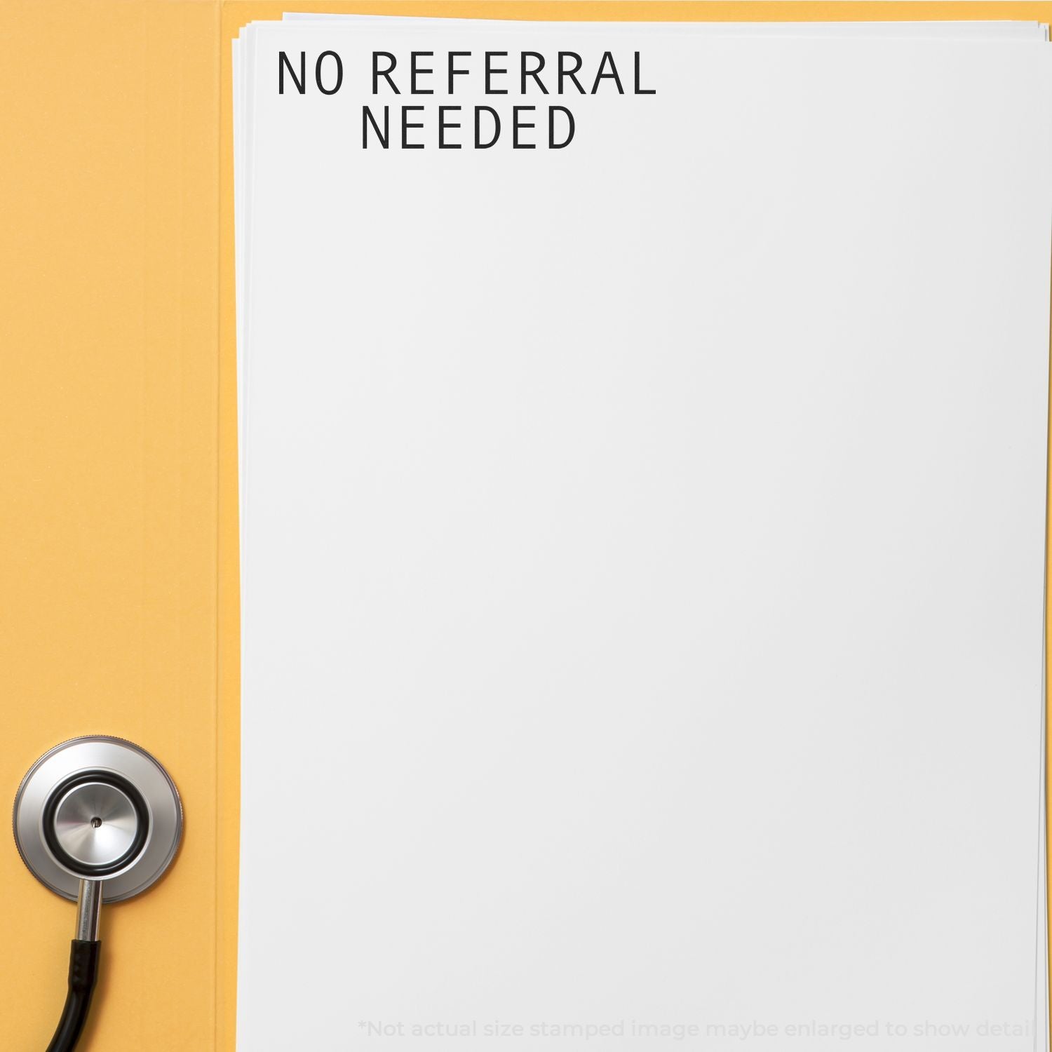 Sign reading No referral needed on a medical office door with stethoscope, indicating patients can schedule without a referral.