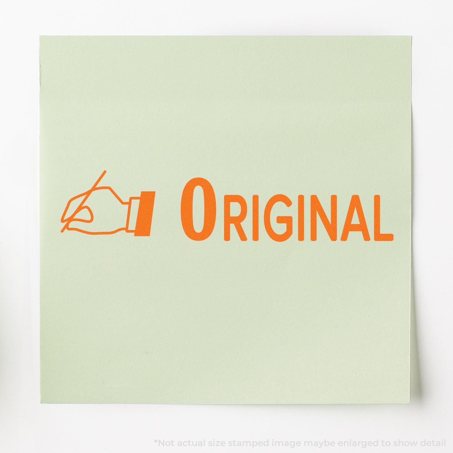 Orange ORIGINAL stamp with hand icon on pale green paper background, minimalist branding graphic.