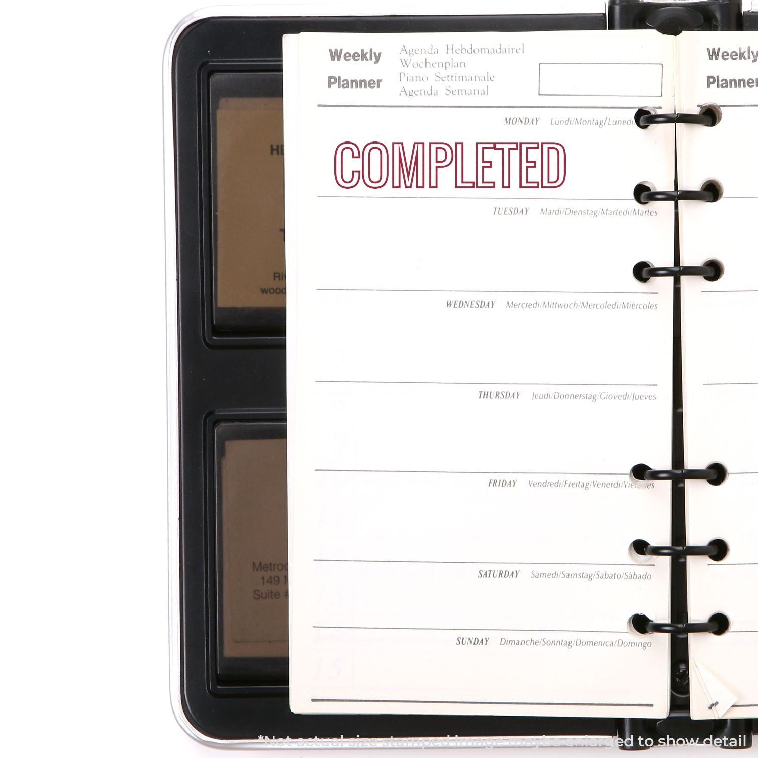 Weekly planner notebook showing COMPLETED and days of the week, for scheduling, goal tracking, and task management workflow.