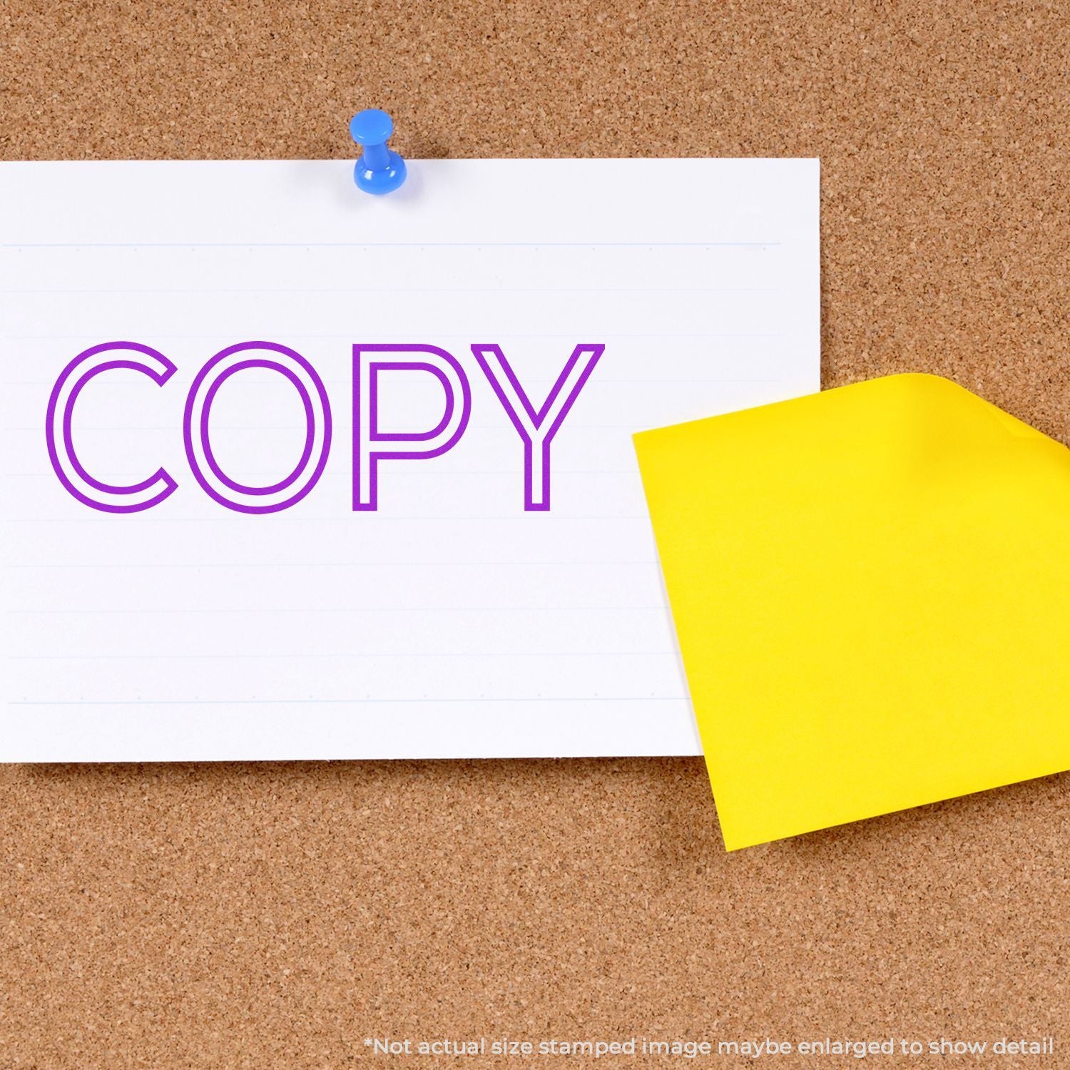 Cork bulletin board with pinned white paper displaying COPY and a yellow sticky note, office memo concept.