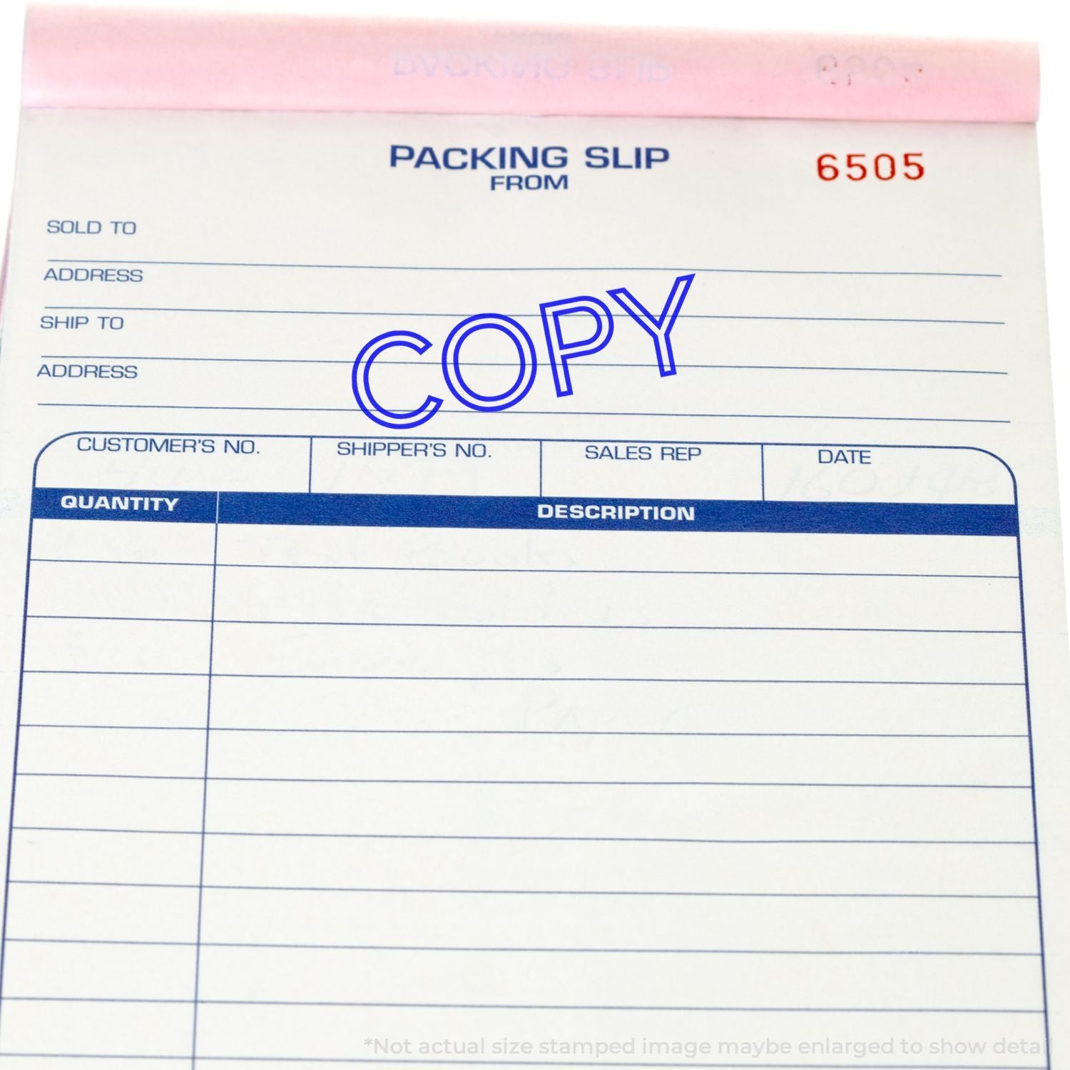 Packing slip document copy with sold-to, ship-to, and description fields for order 6505 shipment records