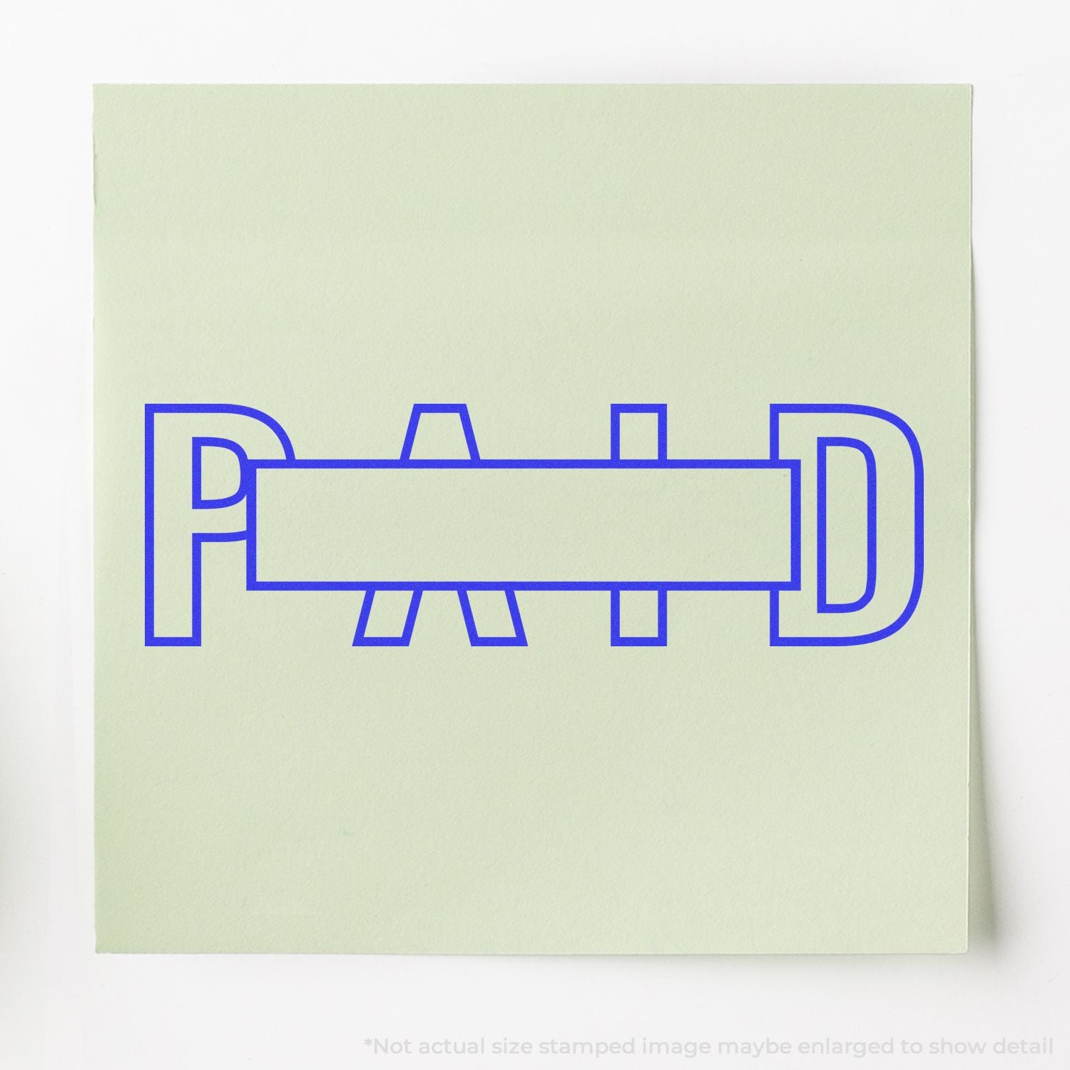 Minimalist PAID stamp graphic in blue on pale green paper background.
