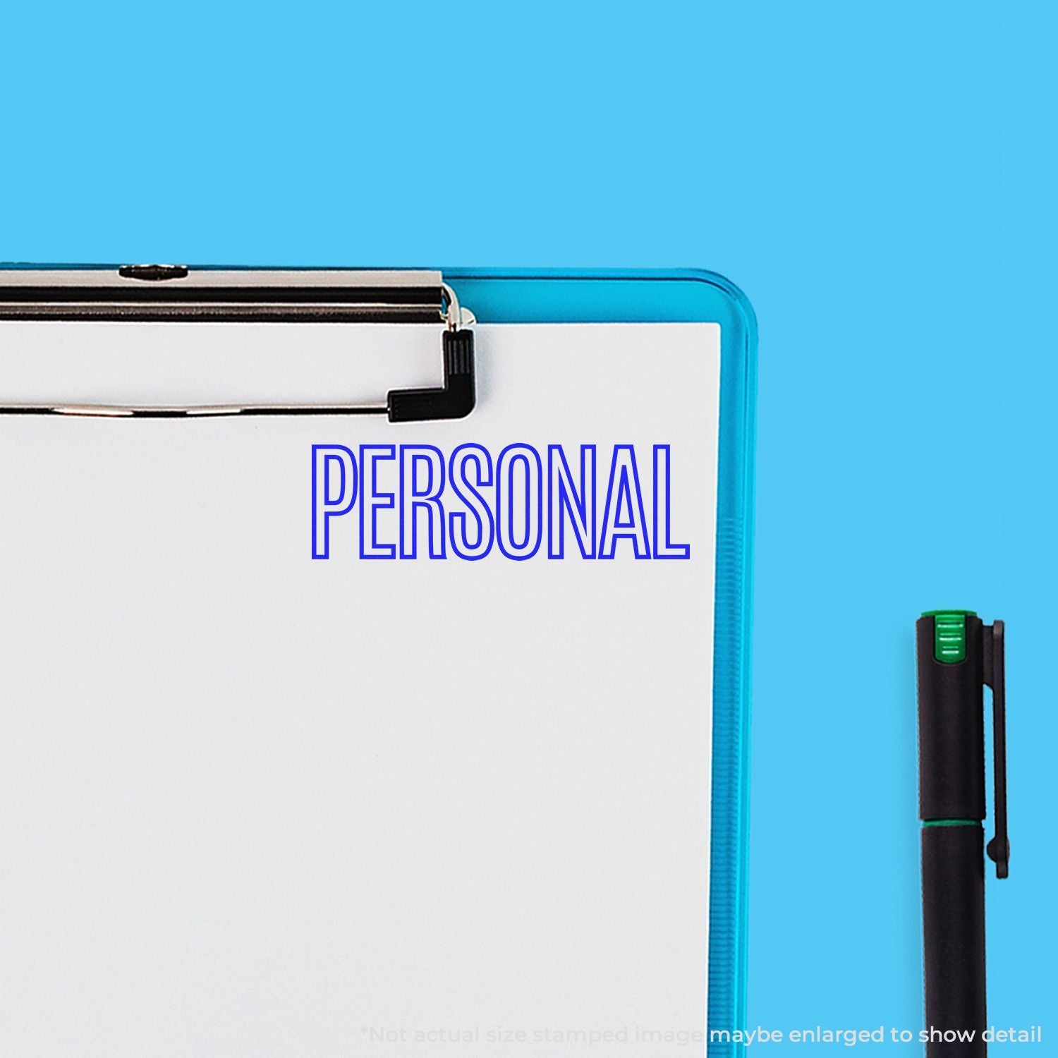Personal privacy and organization concept: PERSONAL label on a document folder with pen and level on blue background.