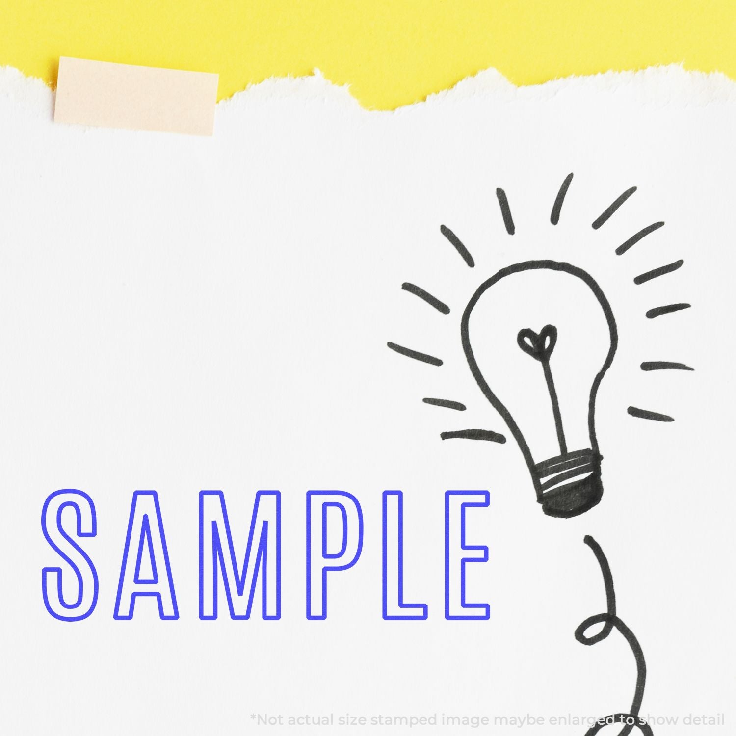 Sample lightbulb doodle illustration on white paper with yellow torn-edge top and blue SAMPLE text, creative idea concept background.
