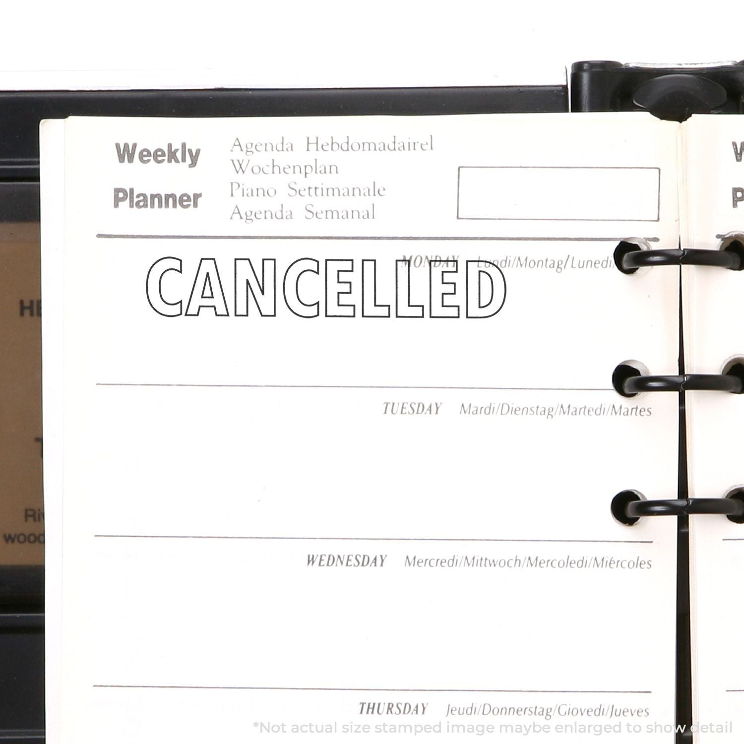Weekly planner page marked CANCELLED with day sections, showing an updated calendar schedule and canceled plans.