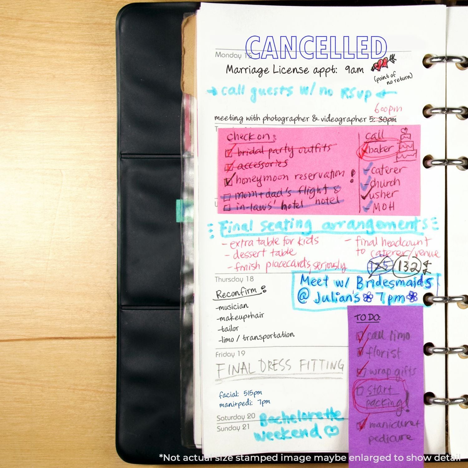 Wedding planning checklist page on clipboard showing Monday canceled marriage license appointment, catering notes, and final seating.