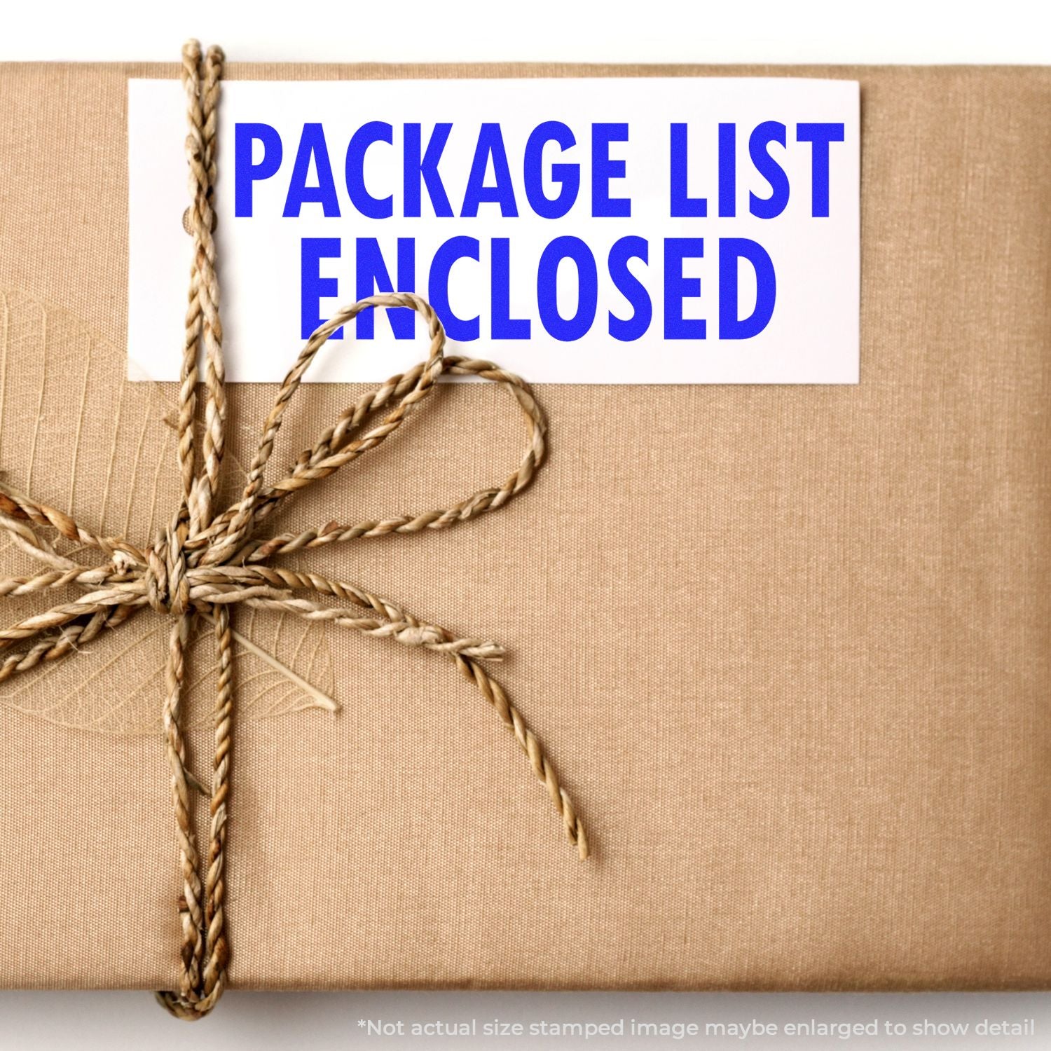 Package list enclosed label on a wrapped brown parcel with twine ribbon, shipping package insert sign.