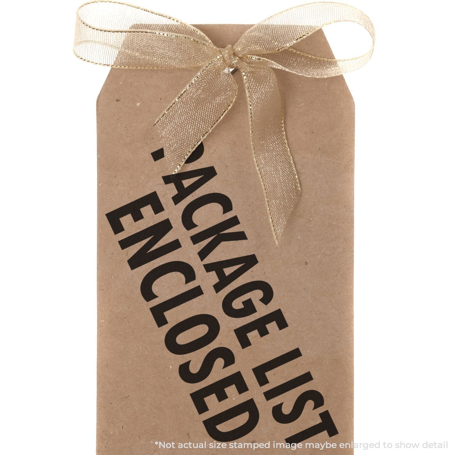 Brown kraft paper gift bag with gold ribbon and bold black Packaged Enclosed text on a white background