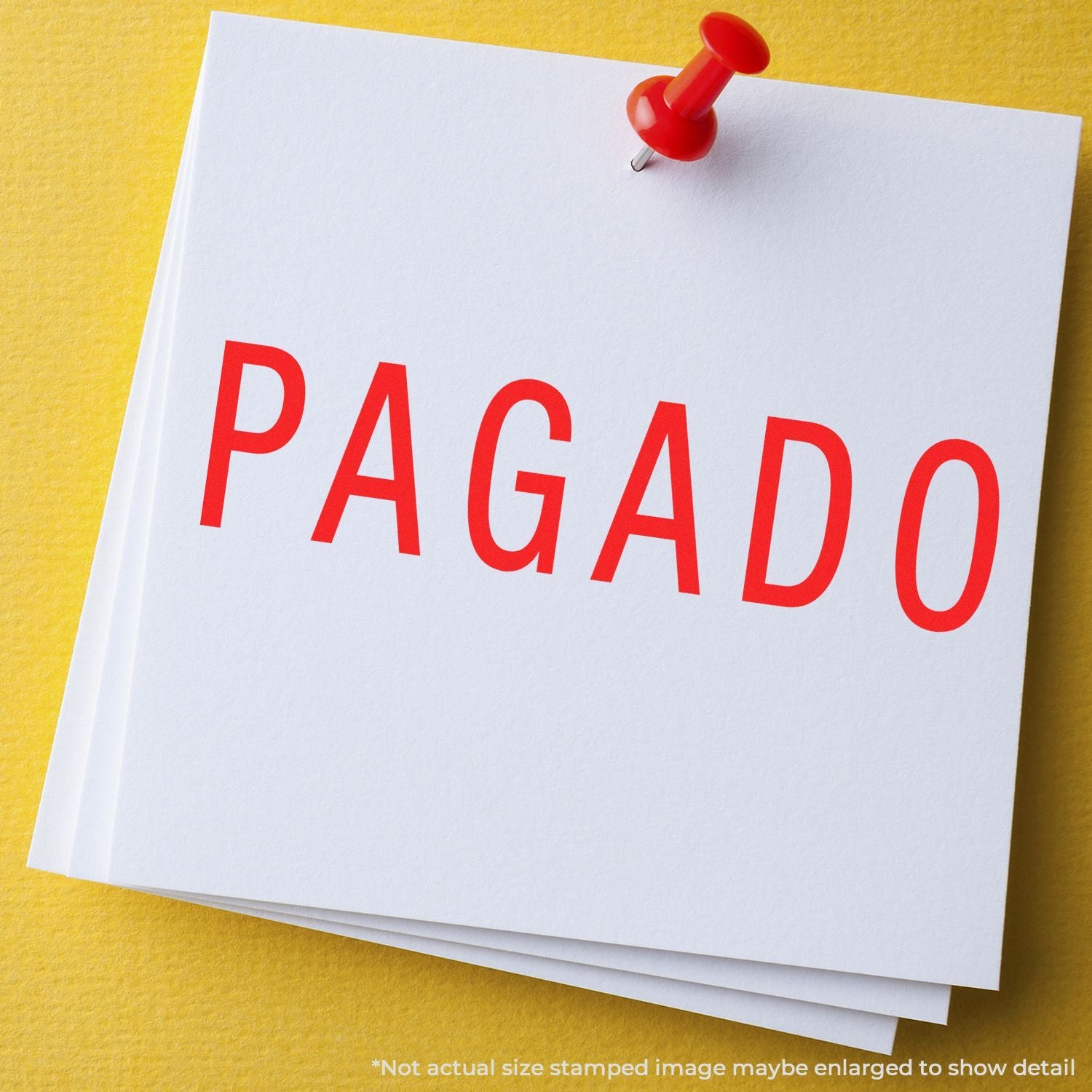 Red pin holds a white note card reading PAGADO (Paid), representing payment confirmation and invoice status.