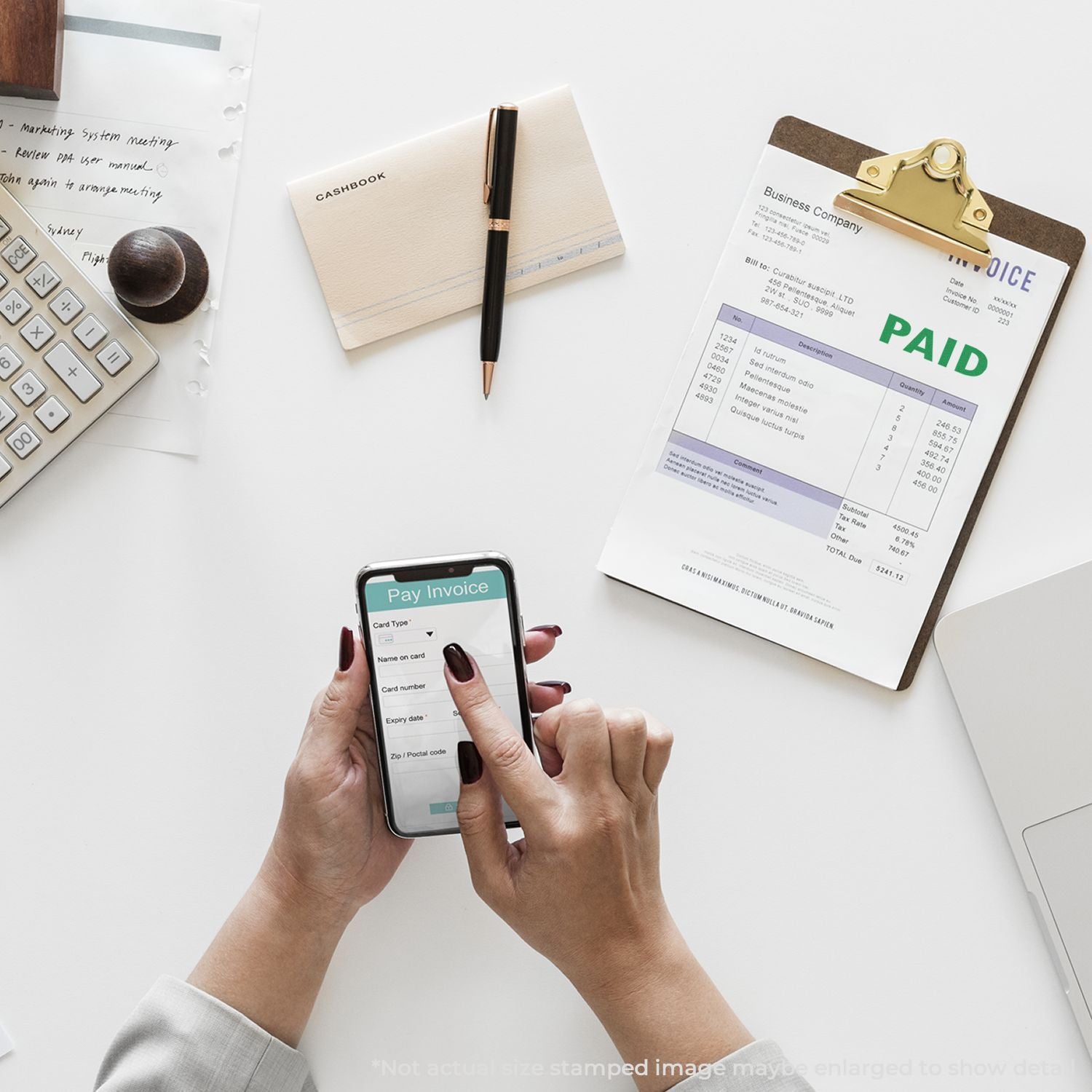 Mobile invoice payment shown with phone app, paid invoice clipboard, and cashbooksecure business payment processing concept.