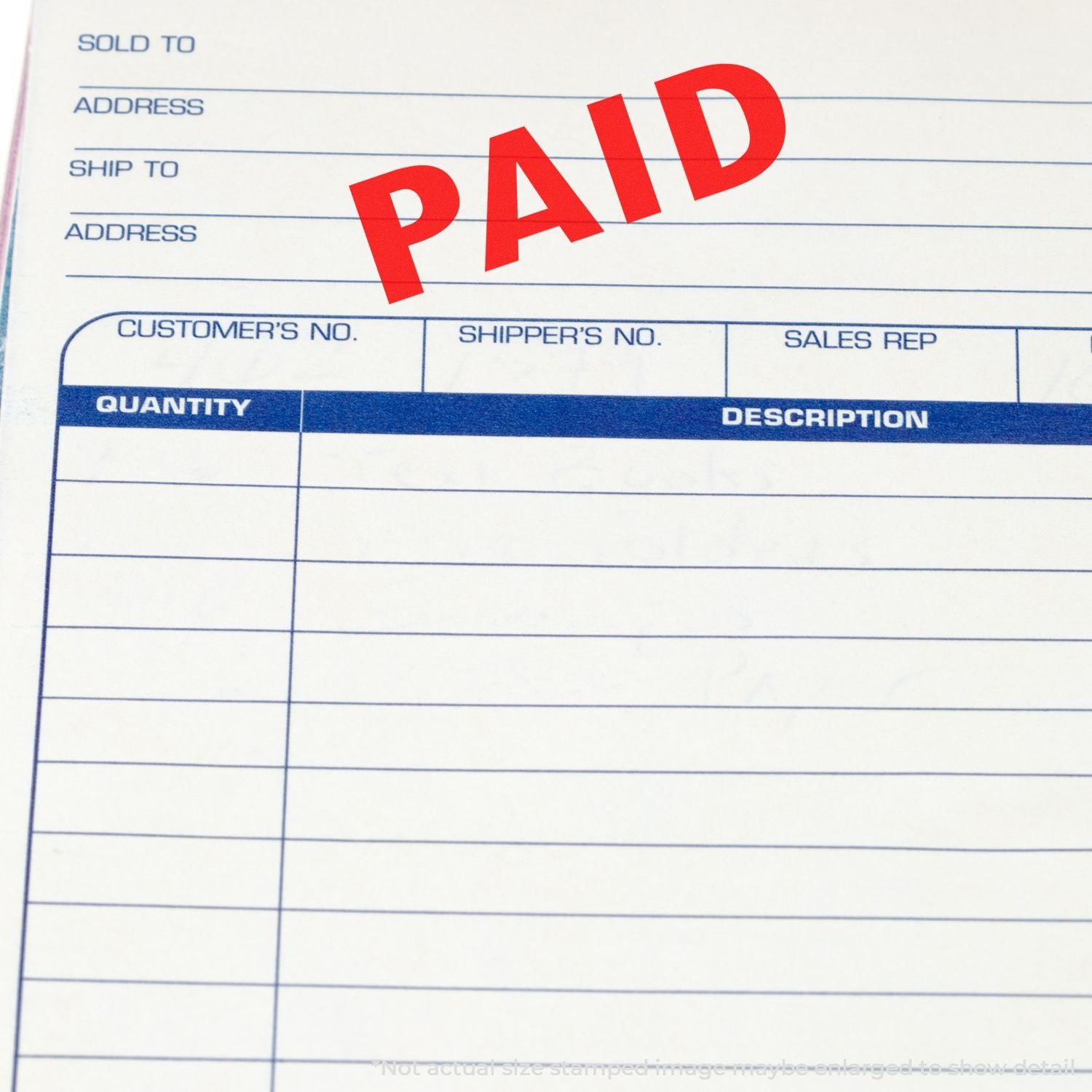 Paid order form showing shipping address, customer number, and description fields for invoices and order fulfillment documents.