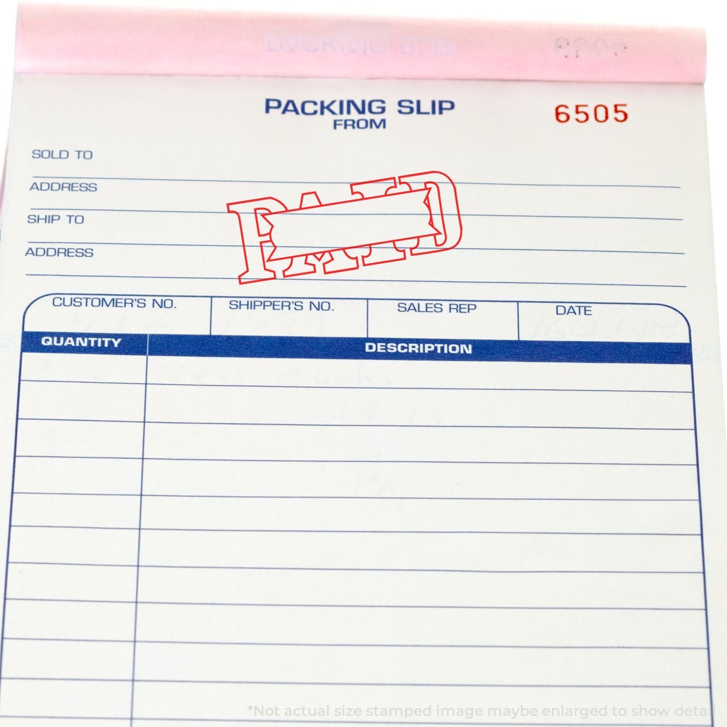 Packing slip document for shipping orders, marked 6505, with sold-to and ship-to address fields for accurate fulfillment.