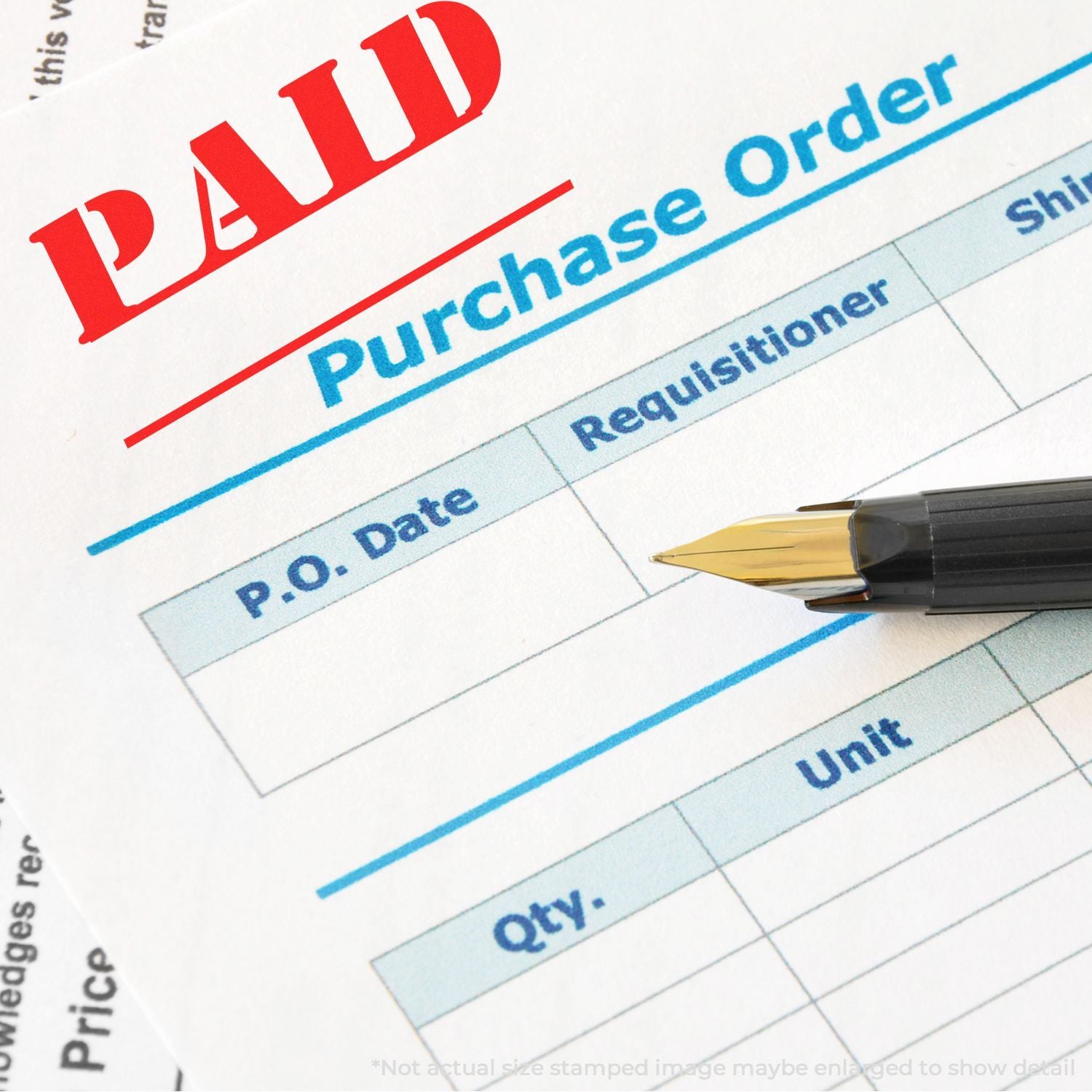 Paid stamp over purchase order worksheet with pencil filling P.O. date and item unit lines for invoicing and accounting
