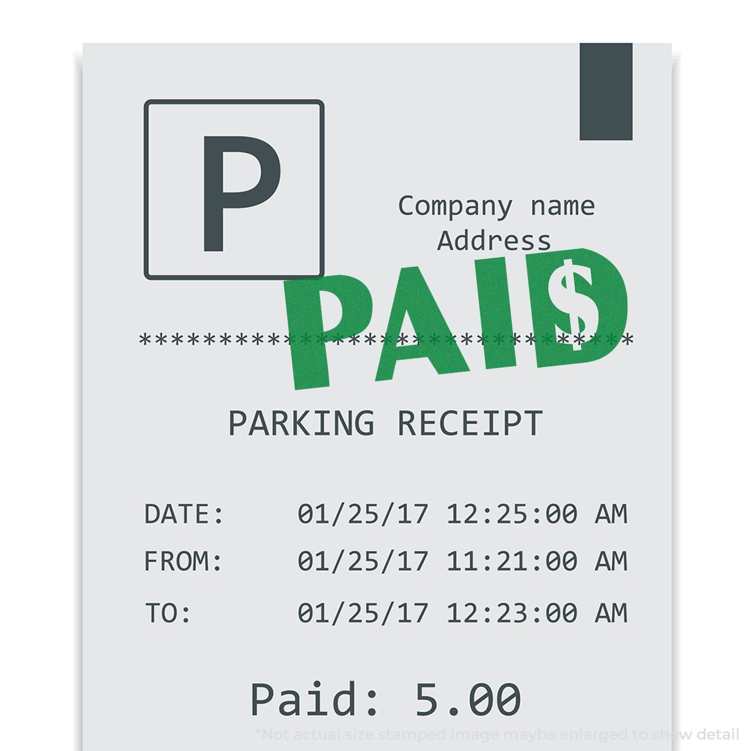 Parking receipt showing Paid $5.00 on 01/25/2017, from 11:21 AM to 12:23 AM, entry and exit timestamps.