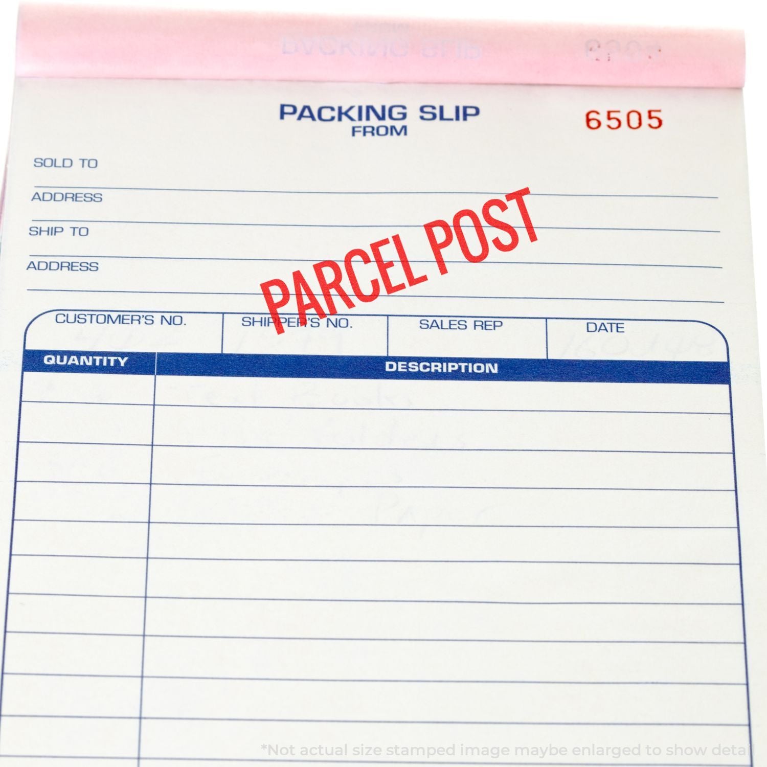 Packing slip document showing sold to and ship to fields, stamped PARCEL POST, slip number 6505 for warehouse parcel delivery.