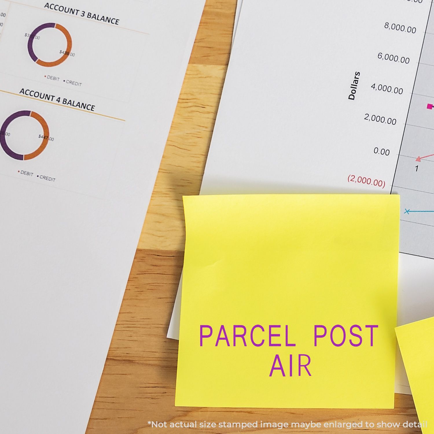 Yellow sticky note labeled Parcel Post Air on printed financial charts and graphs on a wooden desk, with accounting balance reports and dollar figures visible.