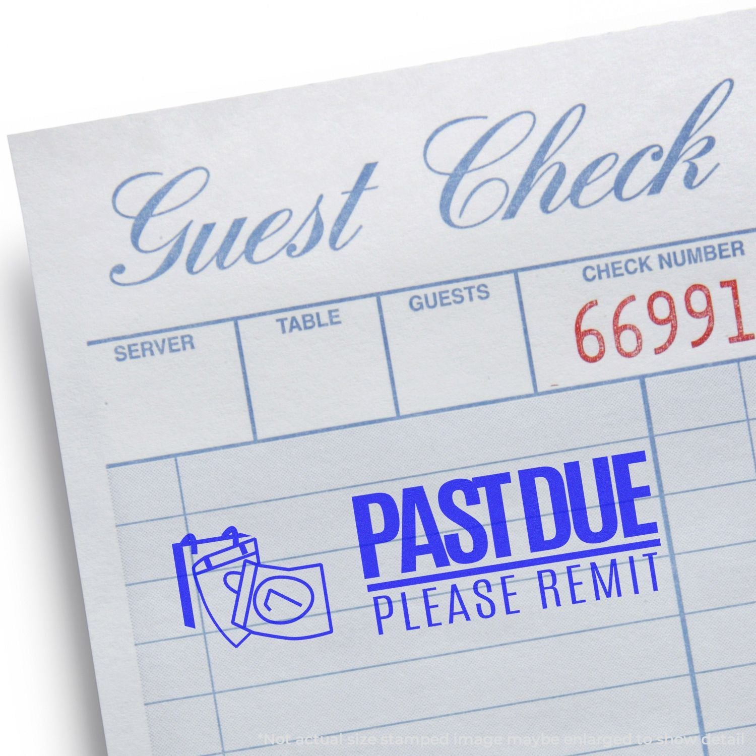 Restaurant guest check receipt marked Past Due, Please Remit with table, guests, and check number for payment reminder.