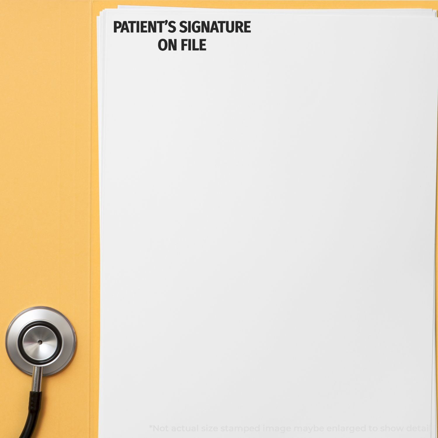 Patient signature on file stamp on medical chart with stethoscope on yellow folder.
