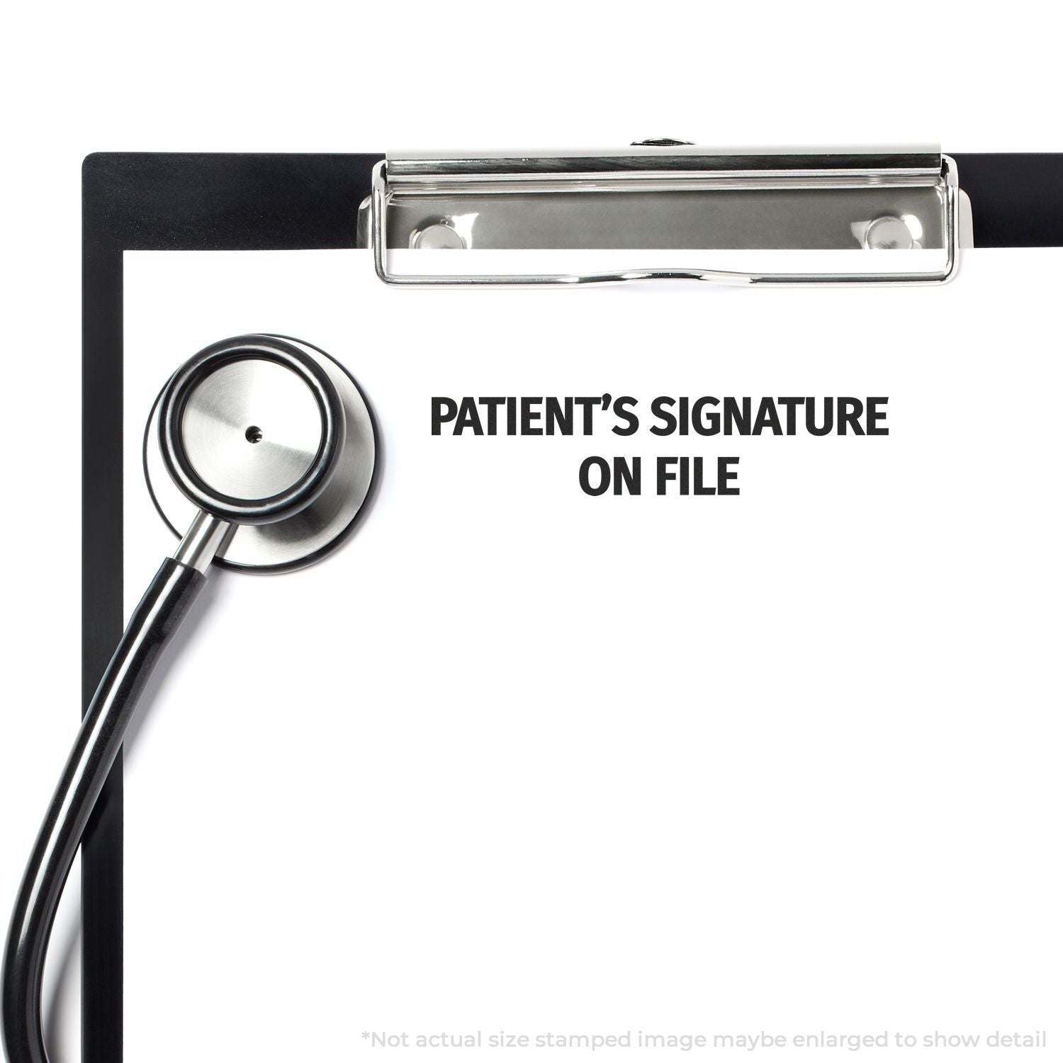 Clipboard document reading Patients signature on file with stethoscope, supporting patient records and medical compliance