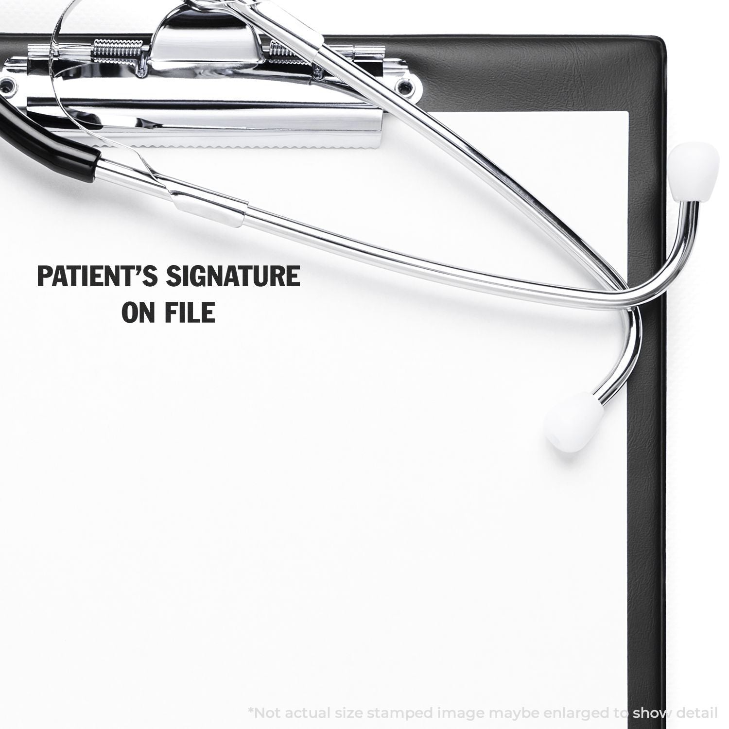 Medical stethoscope and clipboard with text Patients Signature On File, highlighting patient consent documentation for healthcare records.
