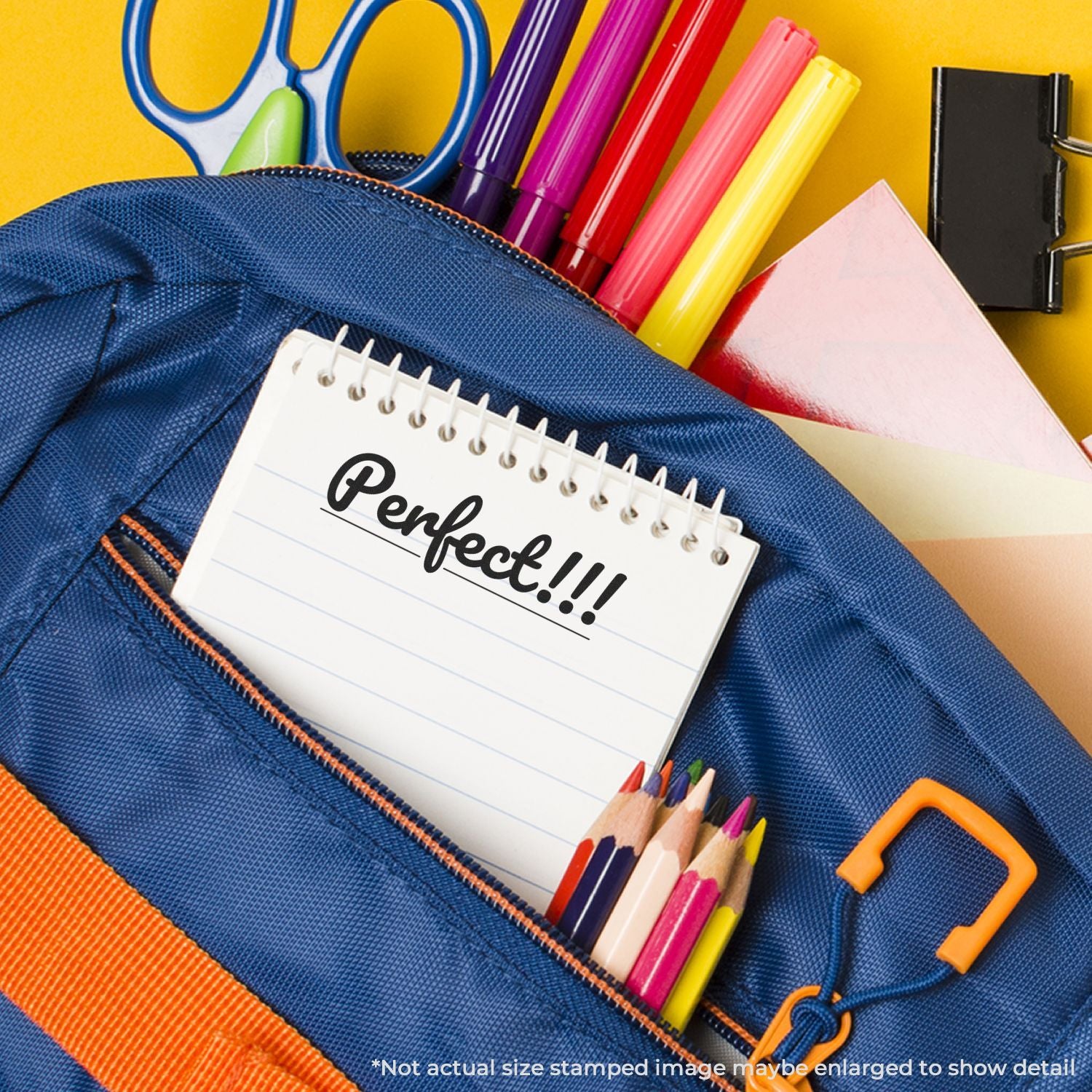 Back-to-school stationery in a blue backpack: 'Perfect!!!' notebook, colored pencils/markers, pens, and writing supplies for kids classroom learning