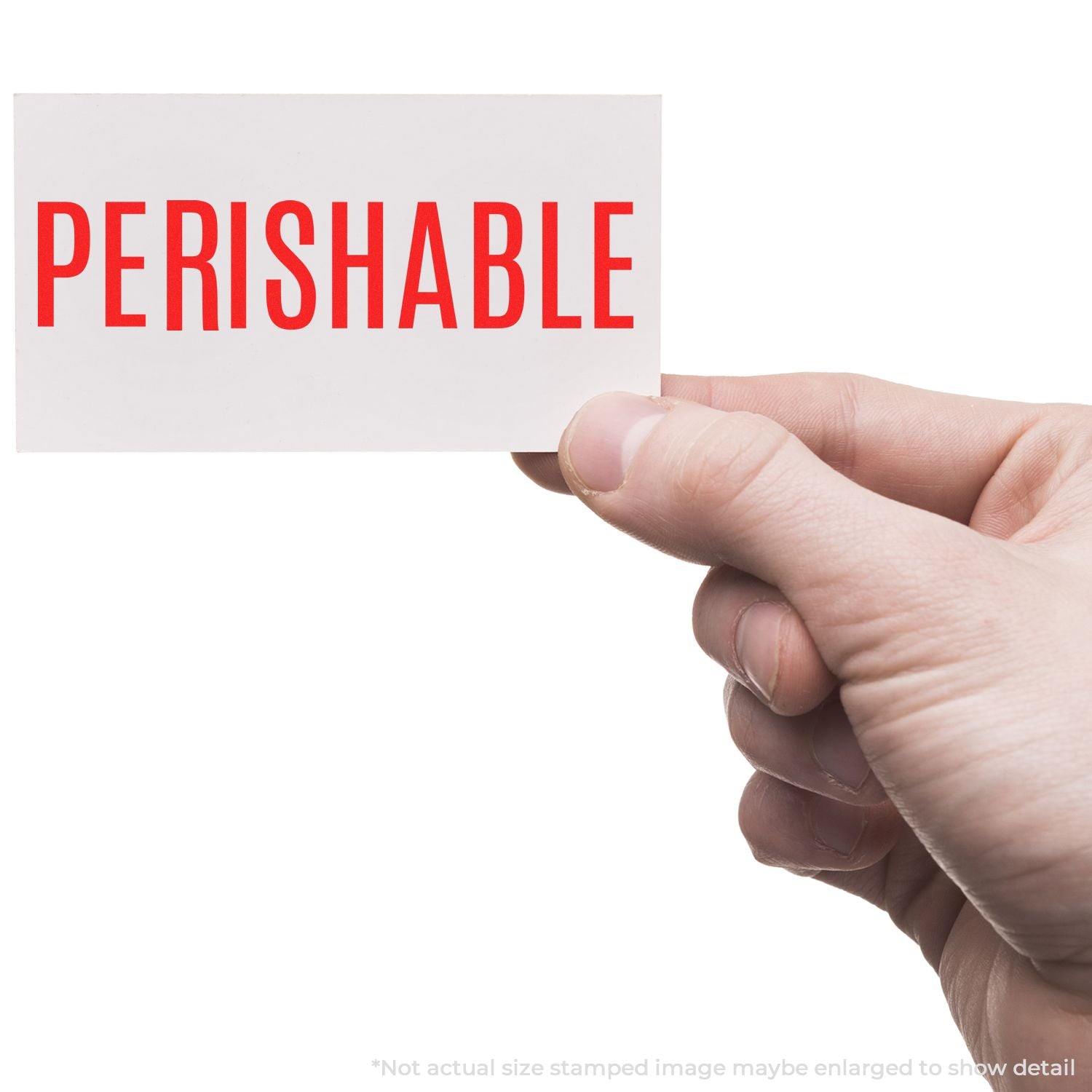 Hand holding a PERISHABLE label card, highlighting shipping and storage requirements for fresh food and temperature-sensitive goods.