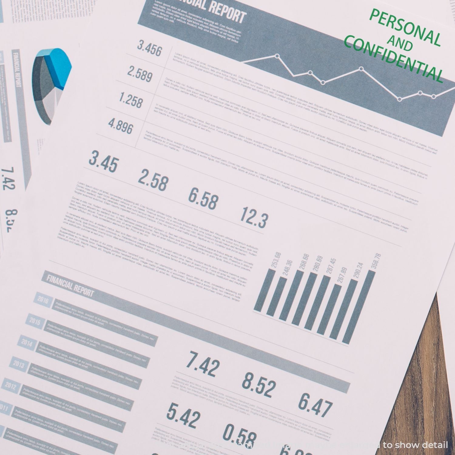 Financial report infographic with charts and figures, showing trends for personal and confidential business analysis data dashboard.