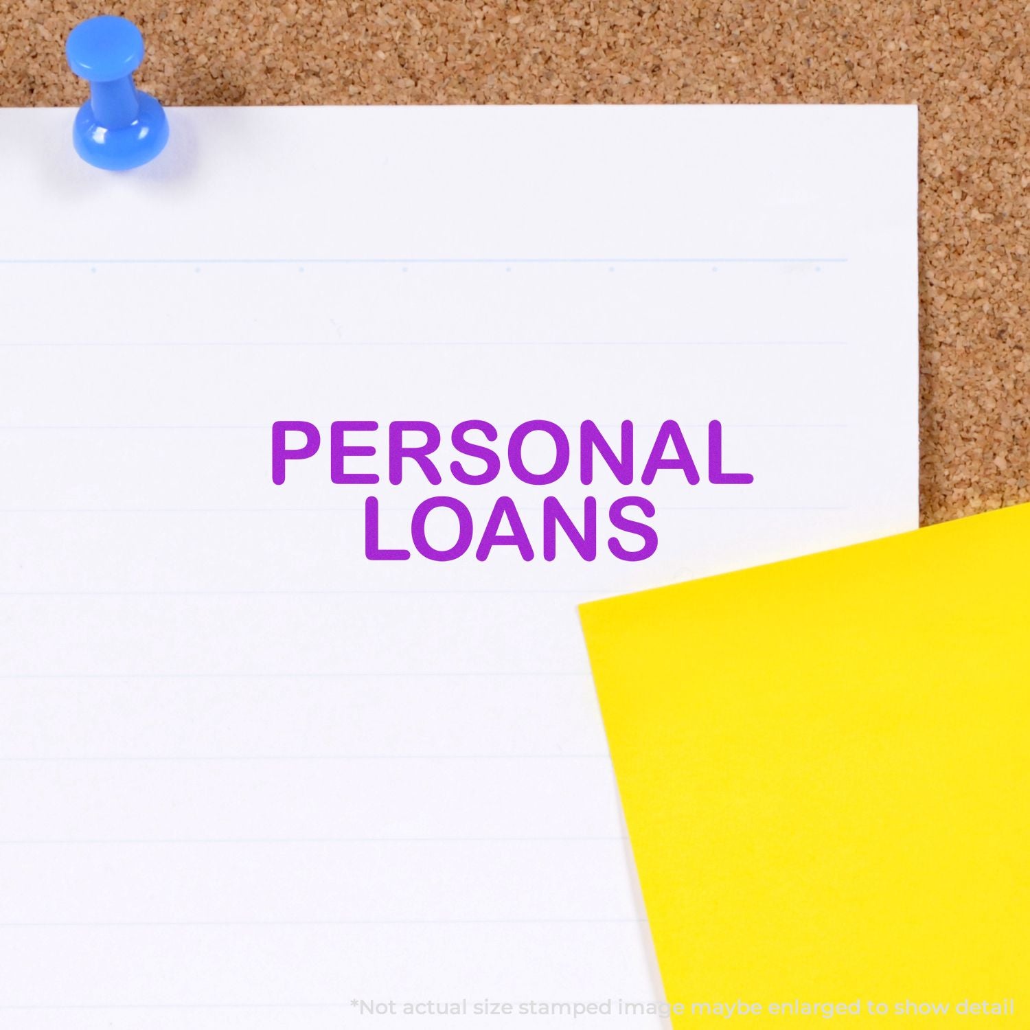 Personal loans concept on a pinned note card against a corkboard, displaying Personal Loans for personal finance lending.