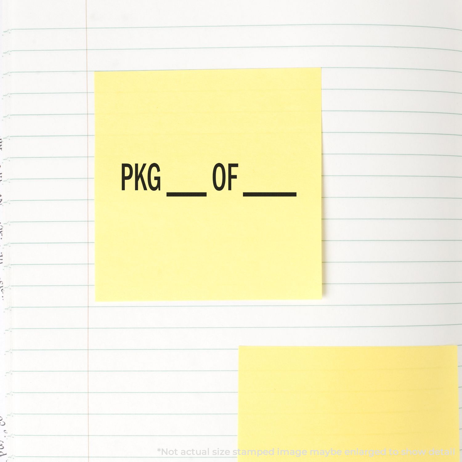 Yellow note reading PKG __ OF __, used as a shipping package quantity template for inventory tracking.