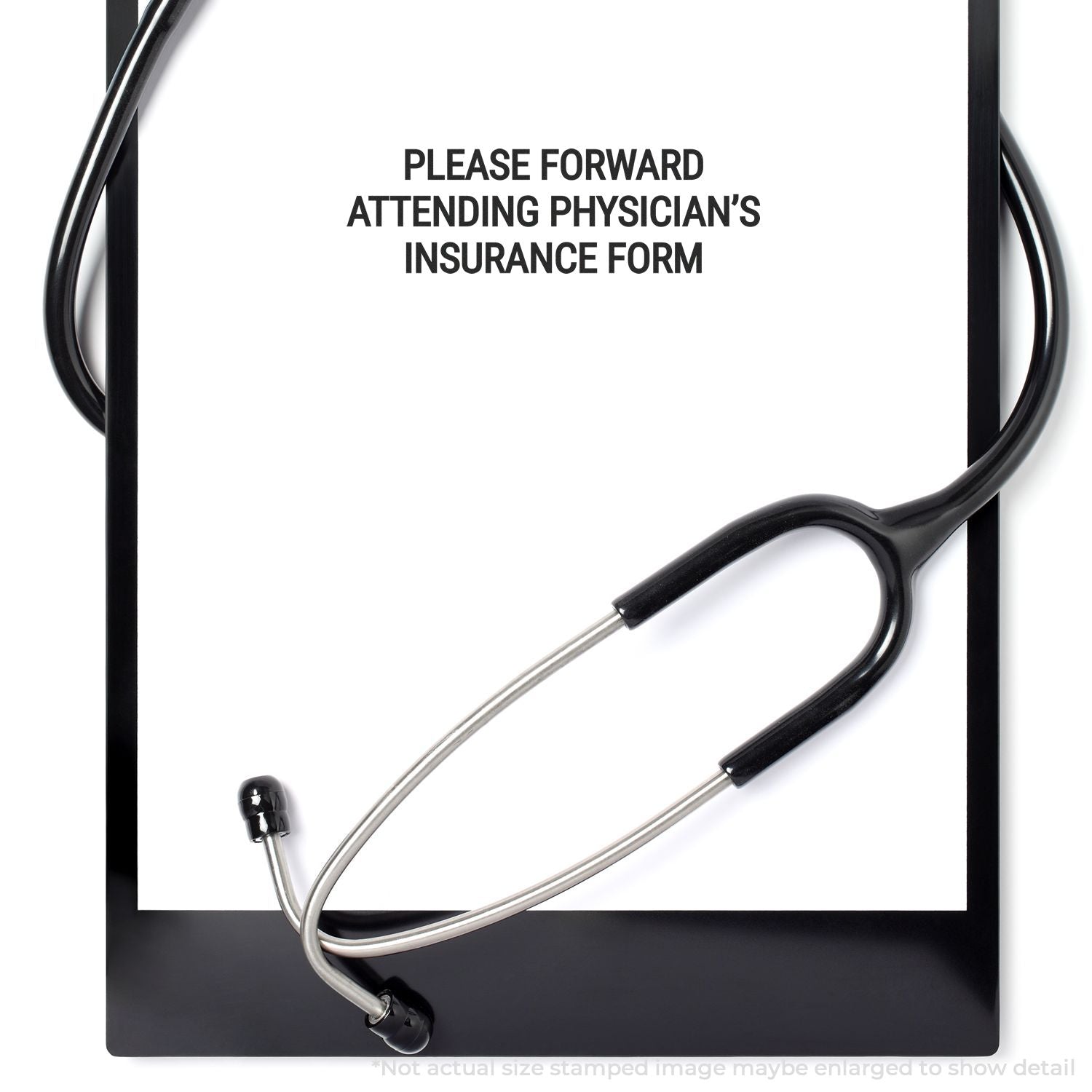 Stethoscope on attending physicians insurance form clipboard, medical insurance paperwork concept.