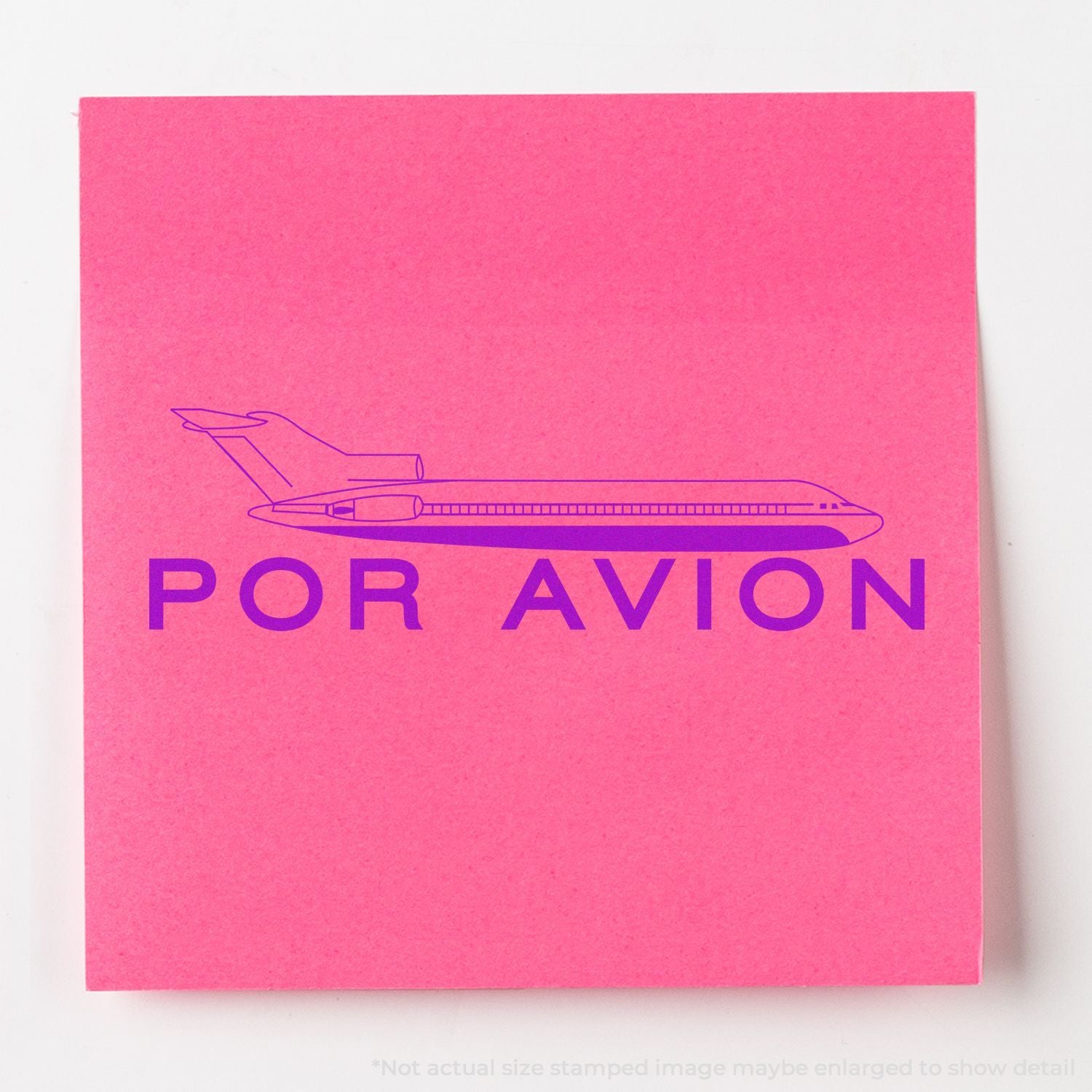Por Avion air mail design with airplane icon on pink background, featuring airline postage slogan.