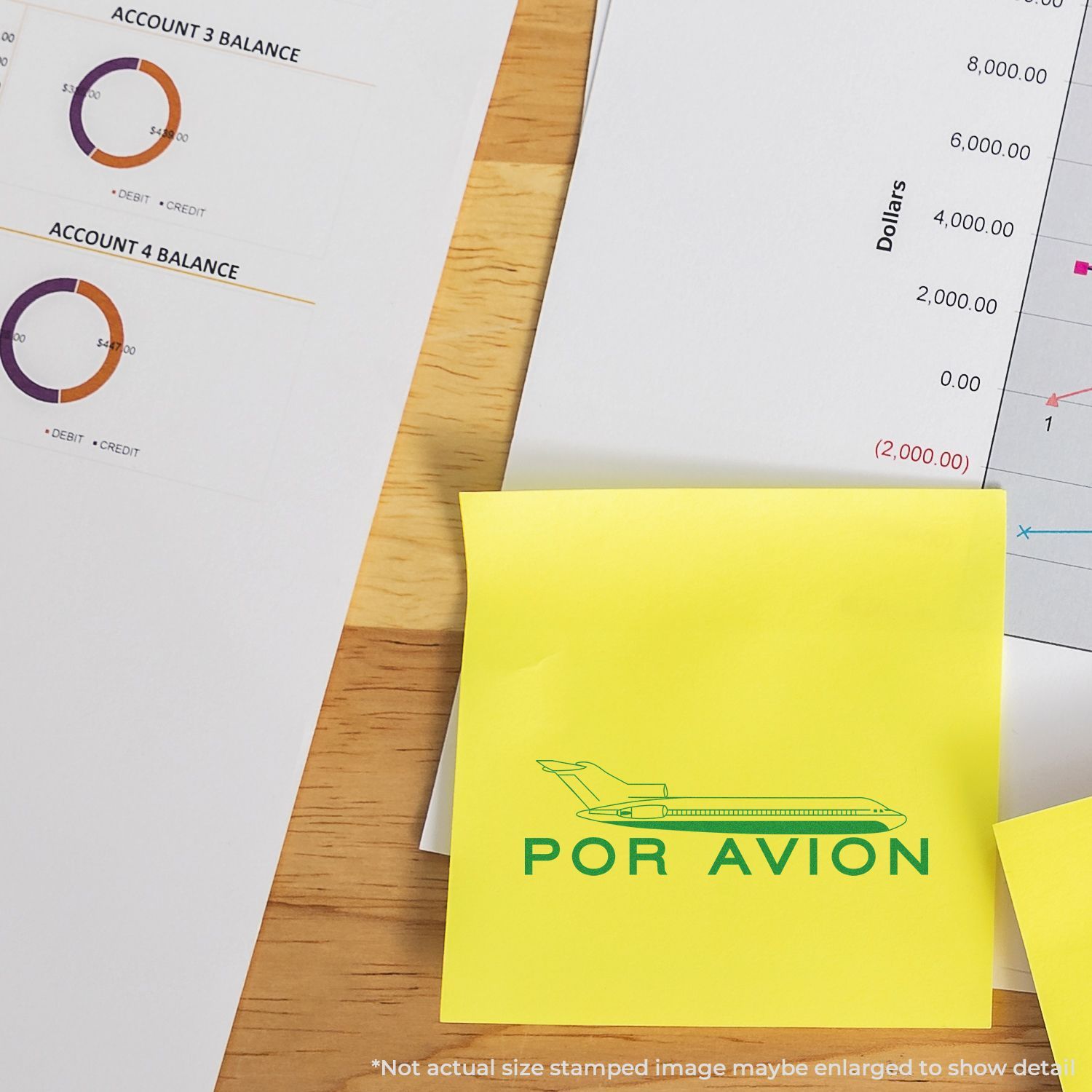 Yellow Por Avion air mail label on desk with account balance charts, illustrating international shipping and logistics planning.