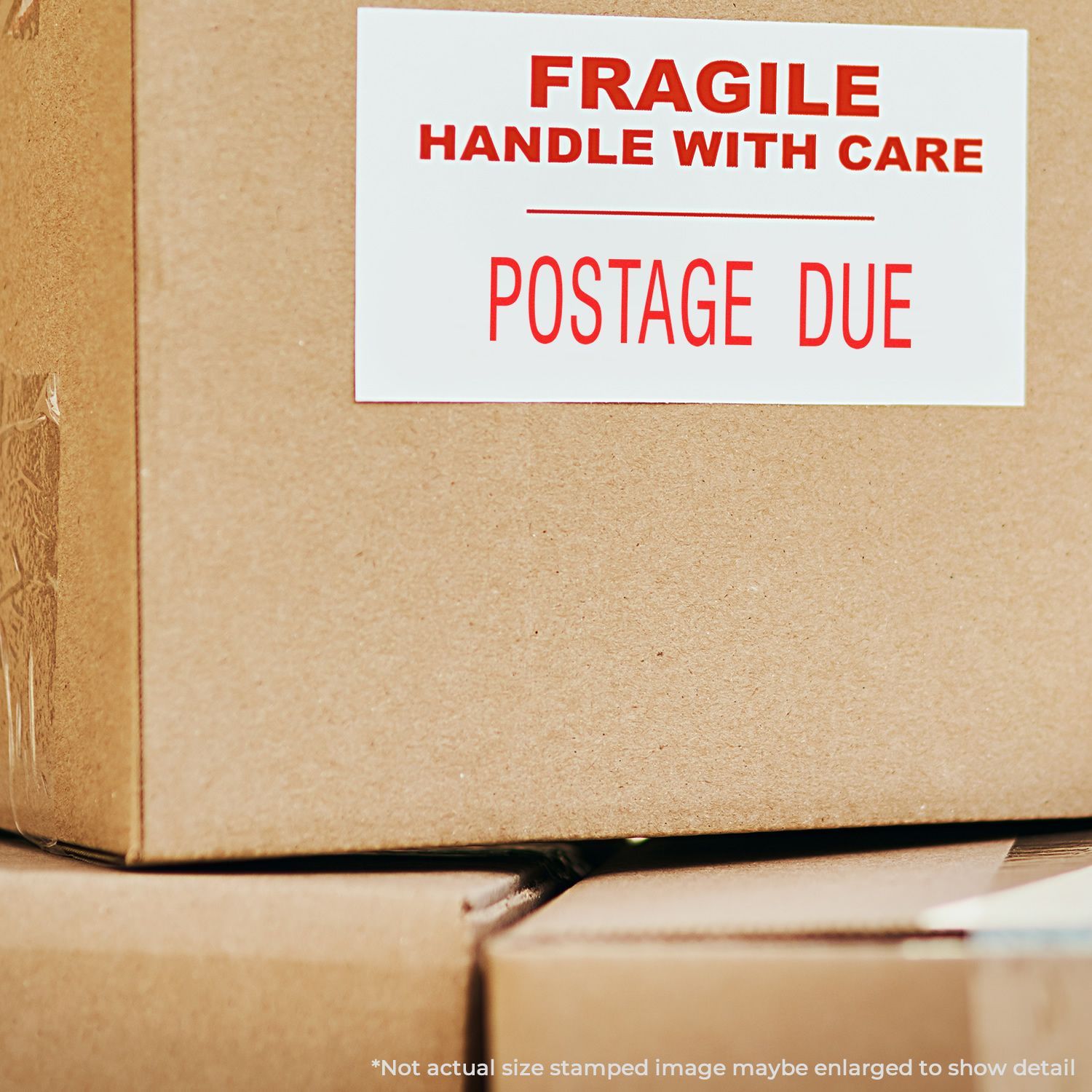 Cardboard shipping box with red Fragile Handle with Care and Postage Due label for package delivery.