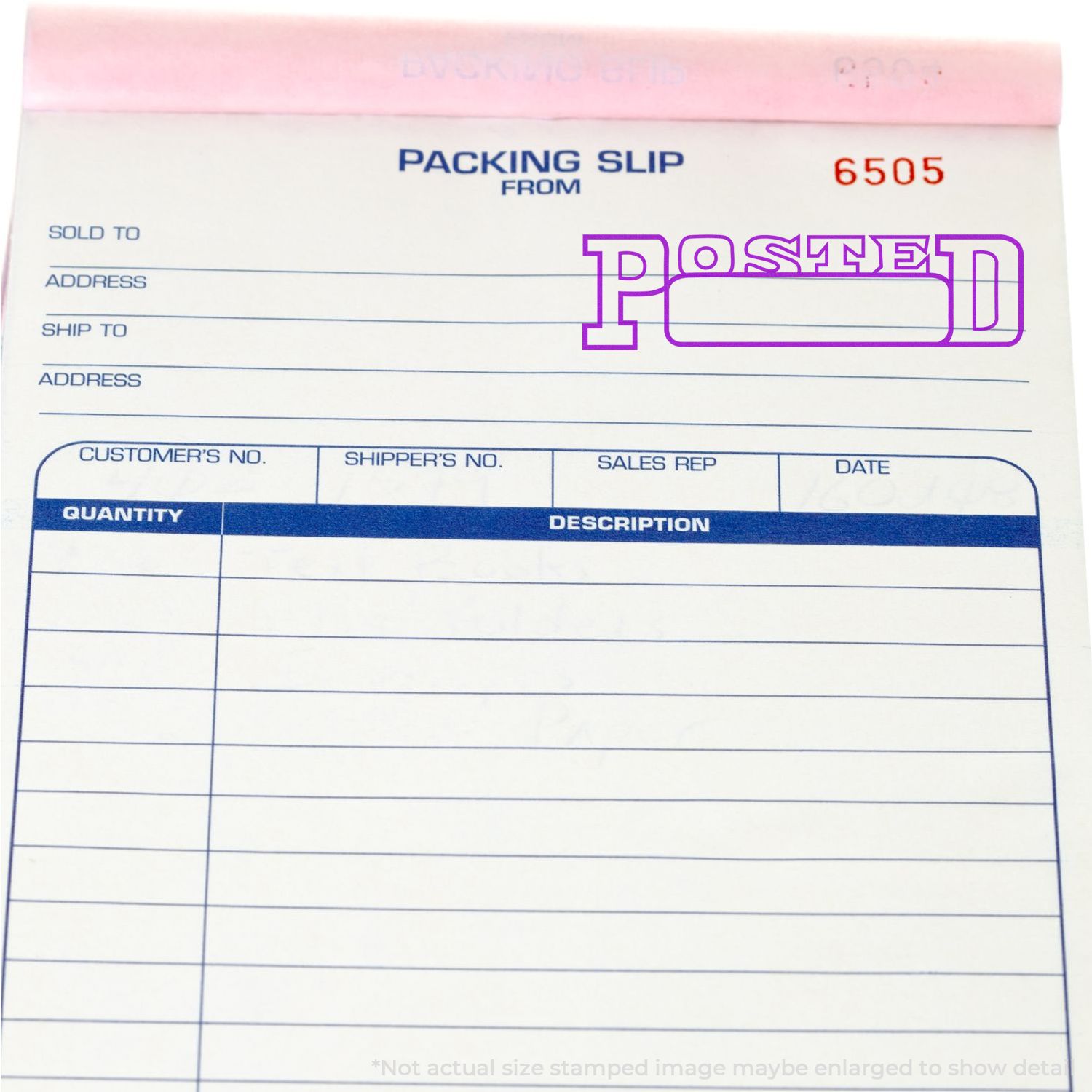 Blank packing slip form with POSTED stamp, shipping invoice template for business and warehouse record keeping.