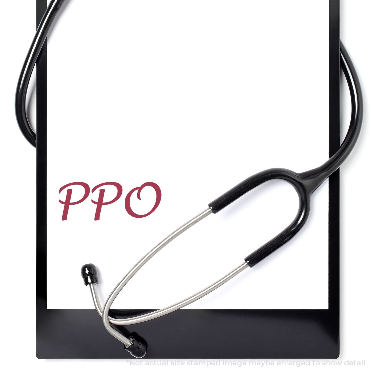 Medical stethoscope on white background with PP0 branding, representing medical healthcare exams, checkups, and wellness services.