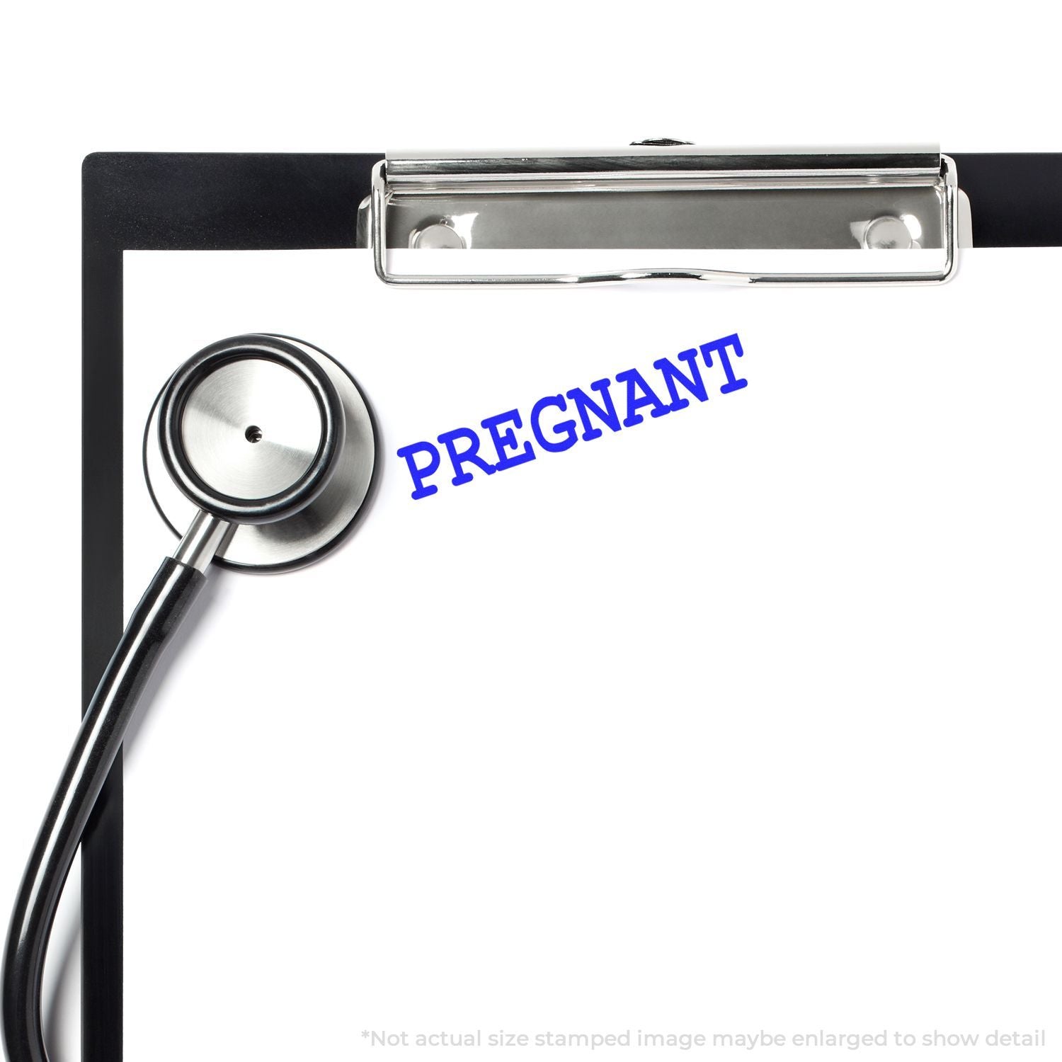 Clipboard with stethoscope and PREGNANT! text, illustrating prenatal healthcare and pregnancy medical check.
