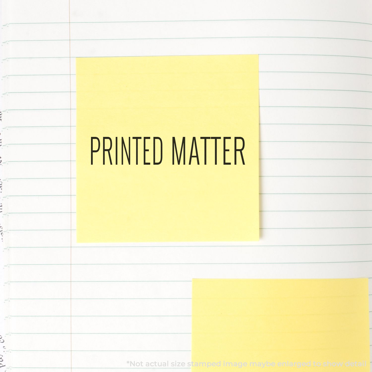Yellow sticky note on lined paper reading PRINTED MATTER, highlighting printed materials and document design for marketing.