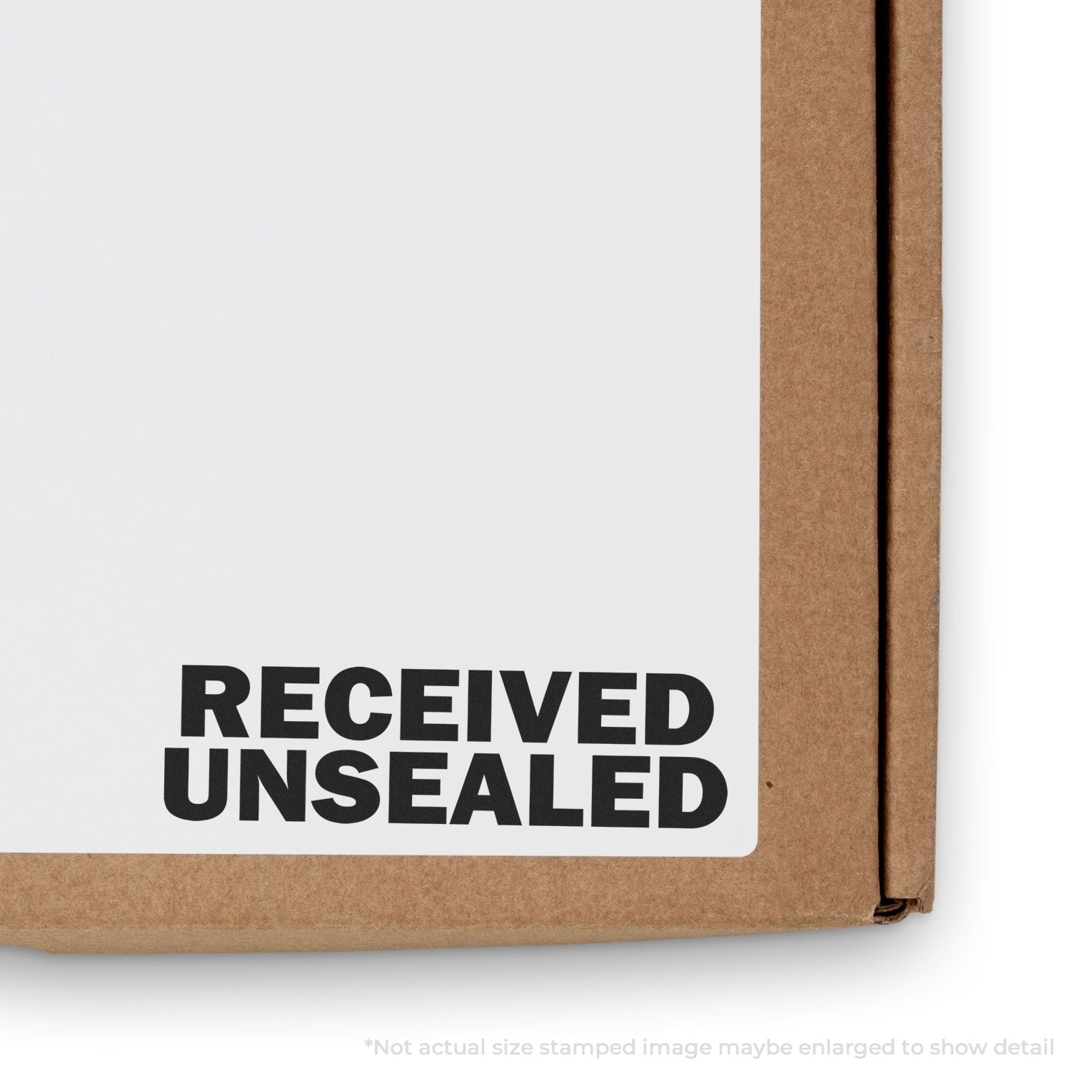 Close-up of a white document stamped RECEIVED UNSEALED on a brown cardboard mailer package.
