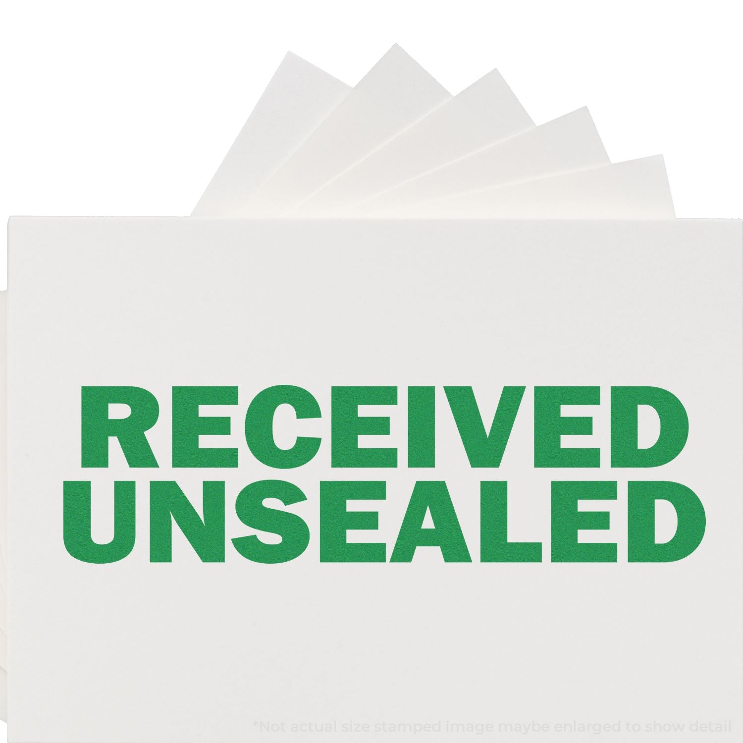 White mailing envelopes labeled Received Unsealed in bold green text on a white background.