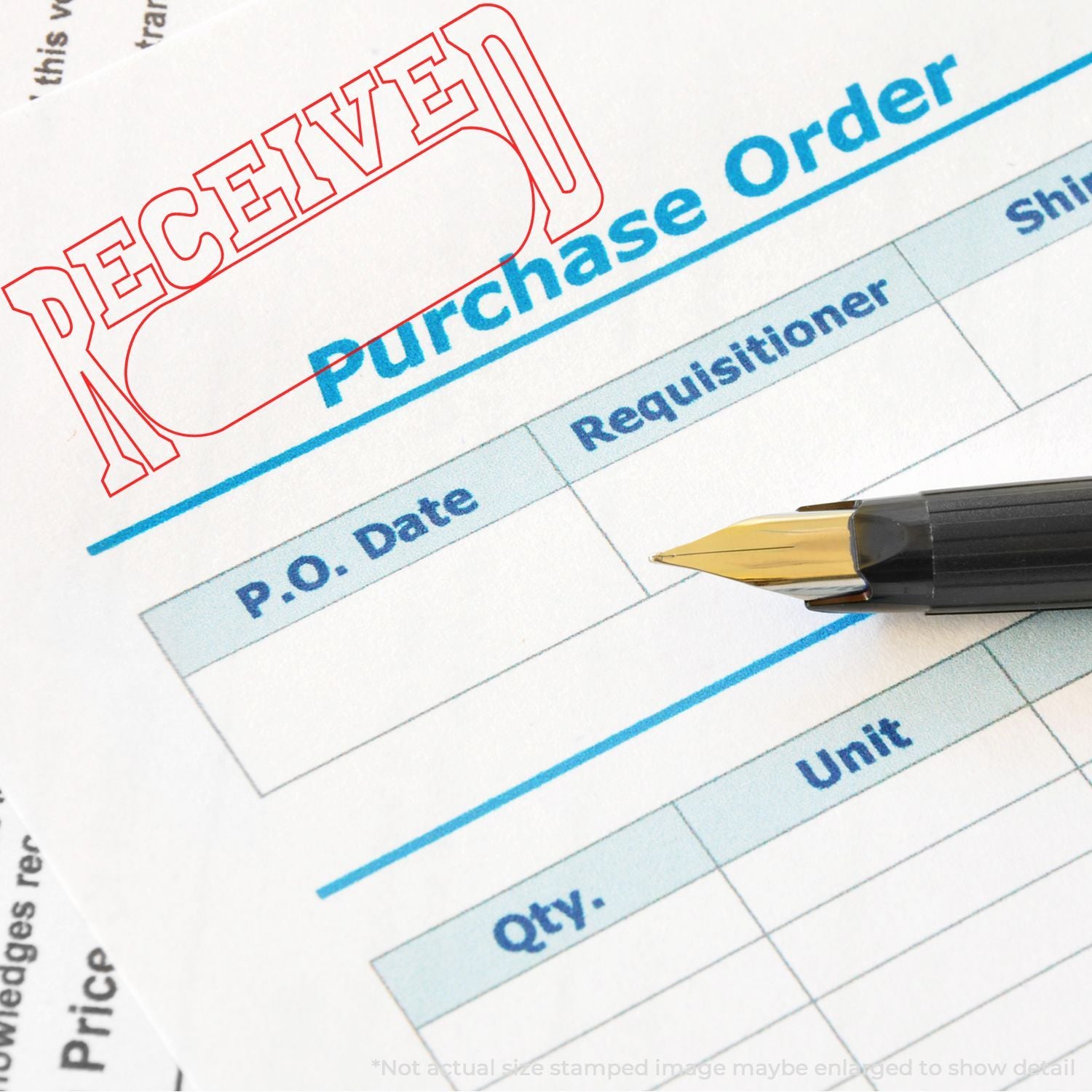 Received stamp on purchase order form with fountain pen, business document approval and invoice processing concept