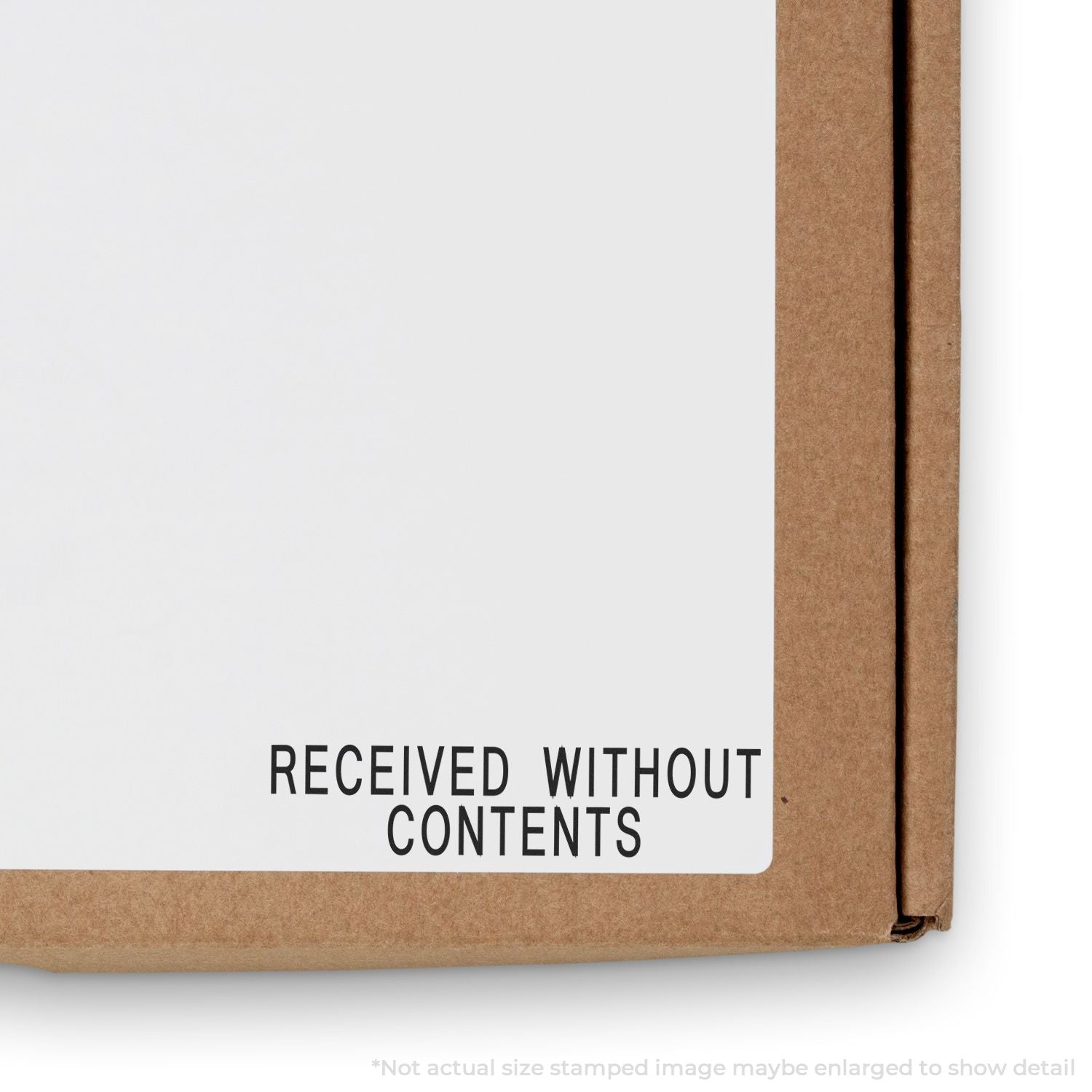 Close-up of a cardboard shipping box labeled Received Without Contents with a blank white insert.