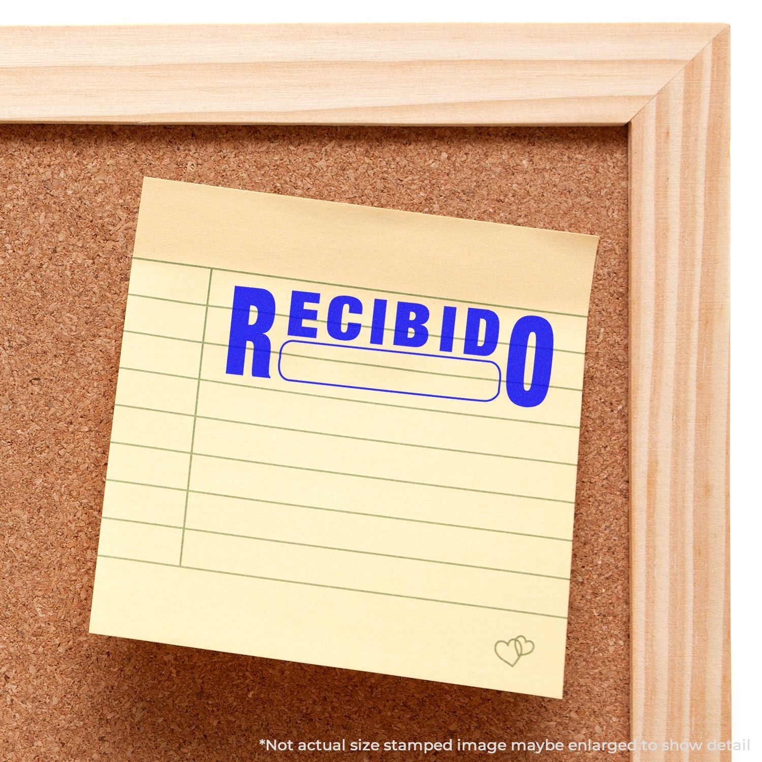 Sello RECIBIDO en nota de papel fijada a corcho, mostrando estado de mensaje recibido y verificacin de documentacin.
