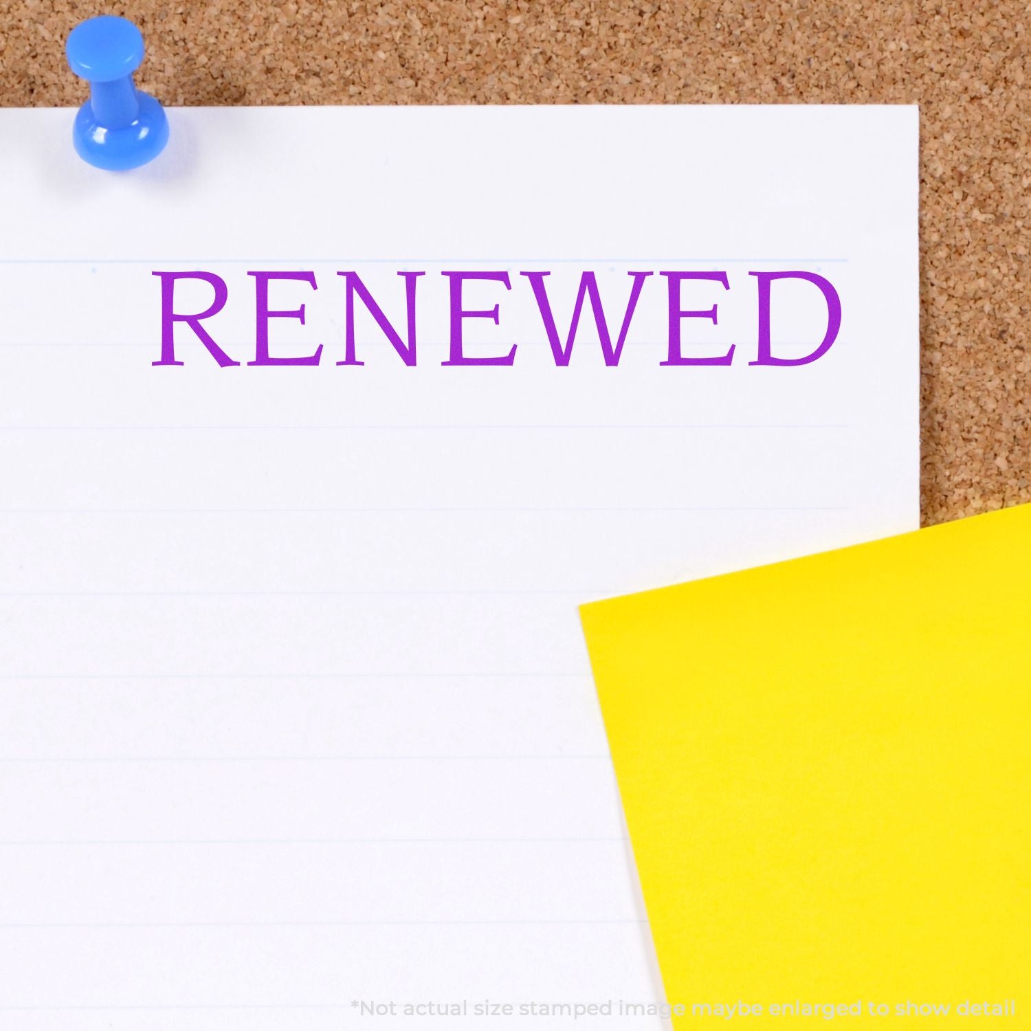 Renewed stamp on pinned note board with blue pushpin, symbolizing renewal, refresh, and new beginnings for personal growth and motivation.