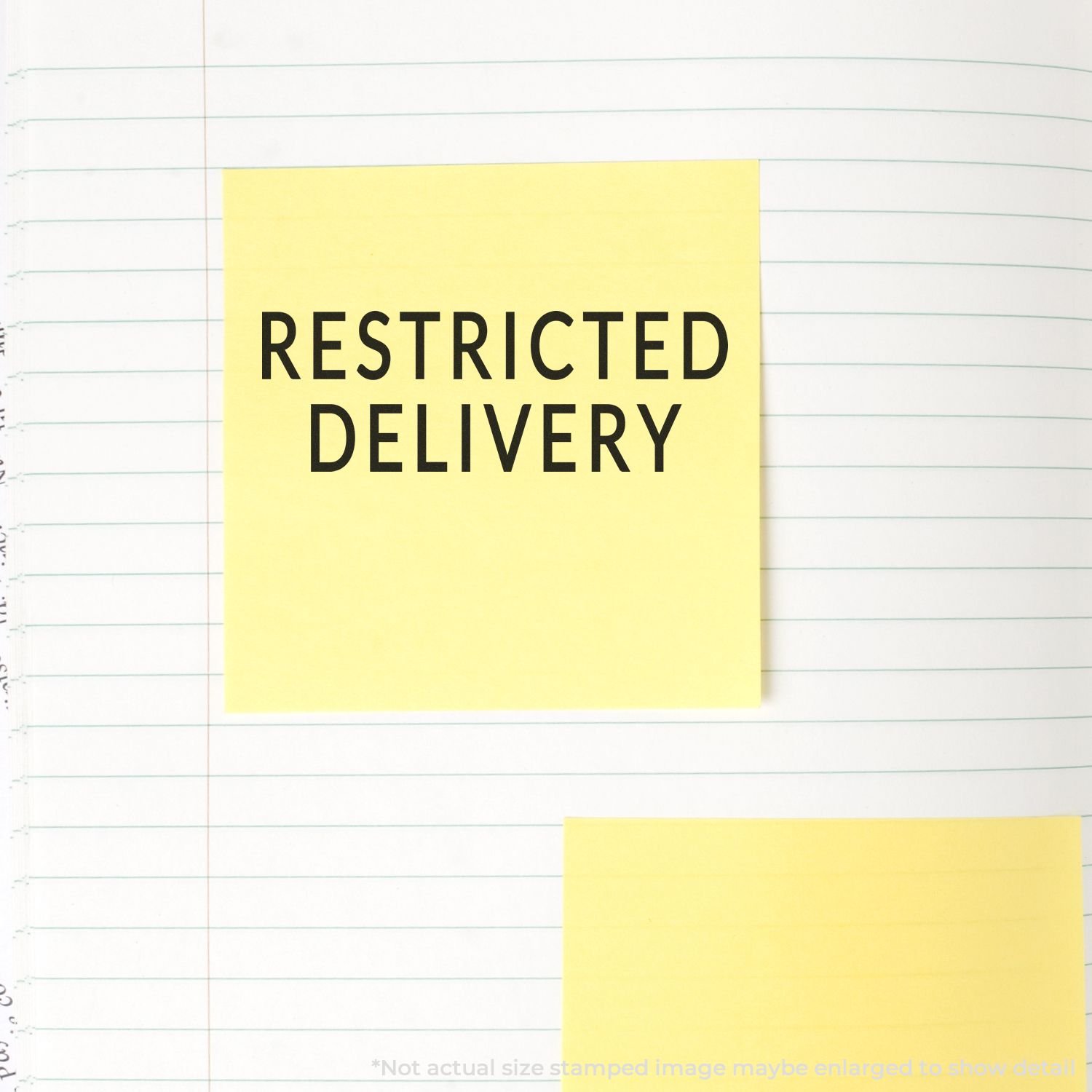 Yellow sticky note on lined paper reading Restricted Delivery, highlighting mail delivery restrictions and secure shipping services.