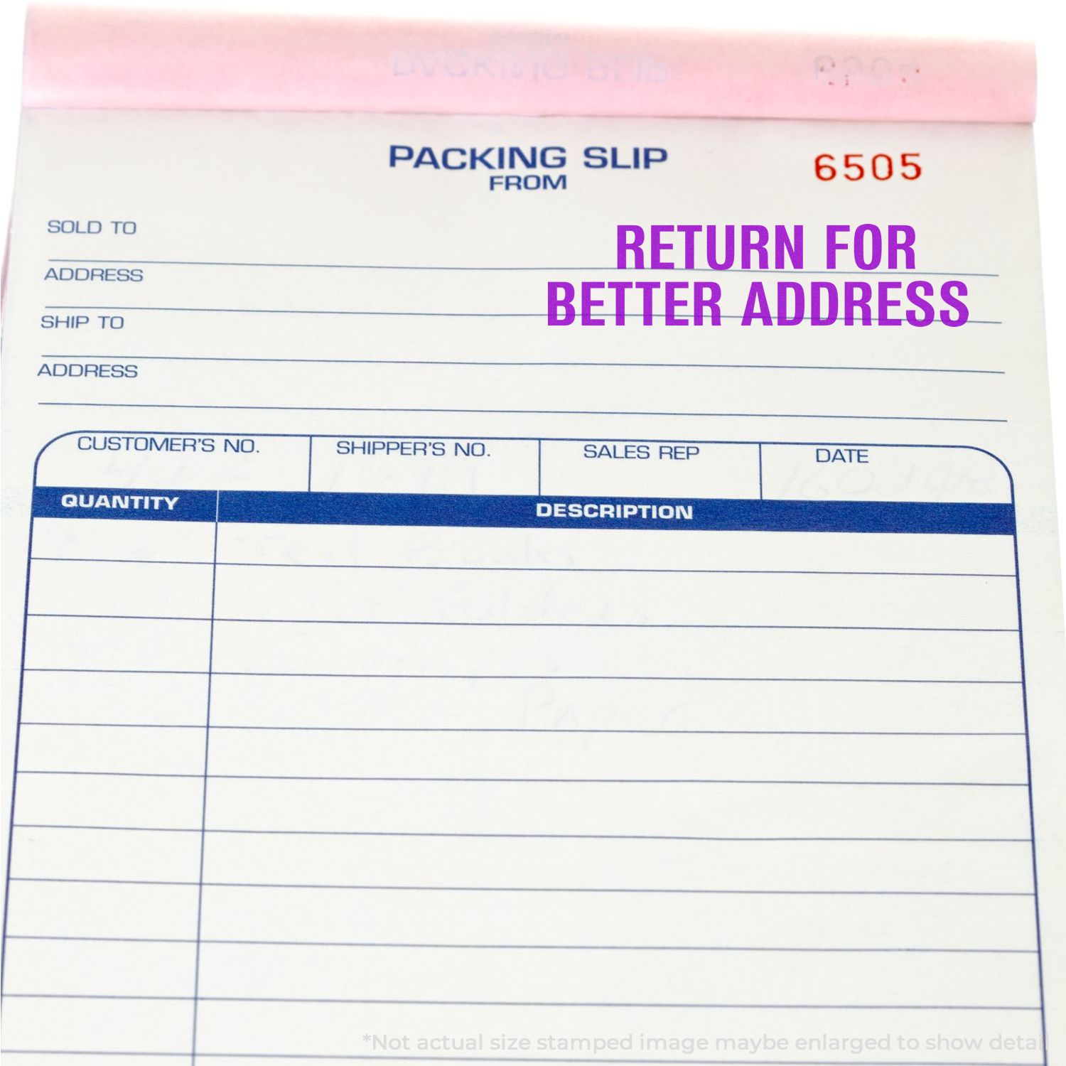 Blank packing slip form with return for better address stamp and shipping fields for order processing