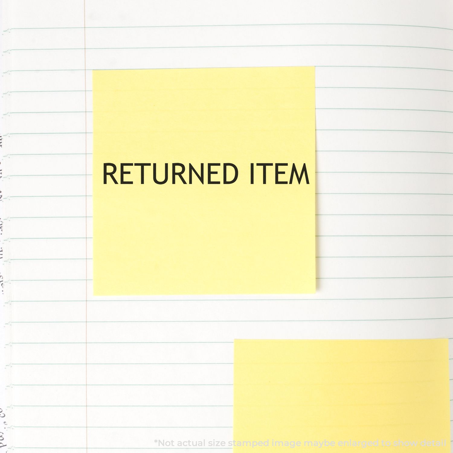 Yellow sticky note with RETURNED ITEM text on lined notebook paper, office return label concept.